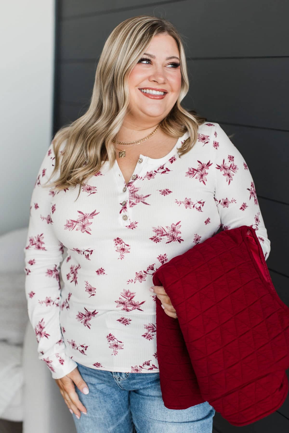 Call Me Lovely Floral Henley Top- White & Burgundy - Image 3