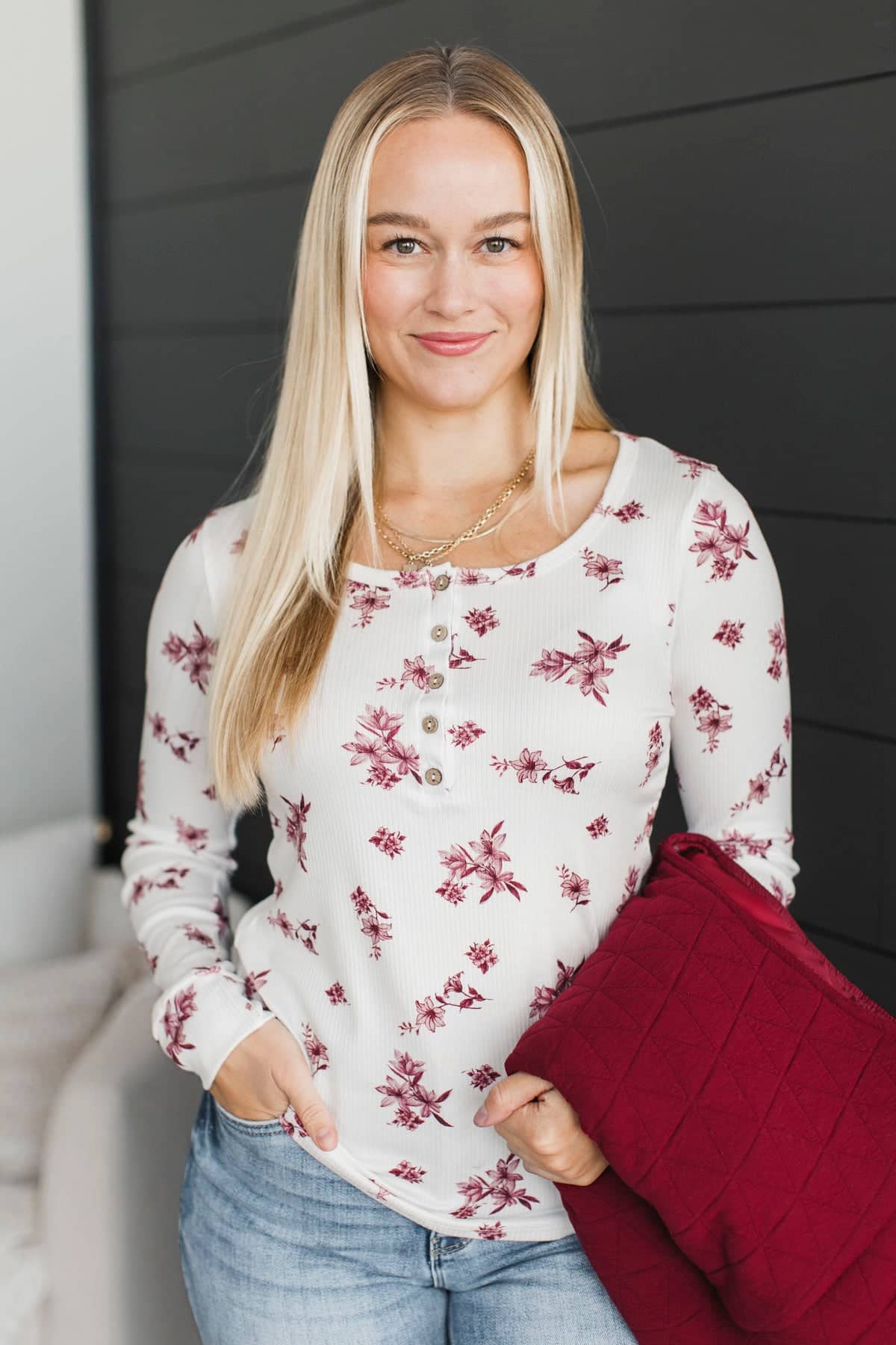 Call Me Lovely Floral Henley Top- White & Burgundy - Image 4