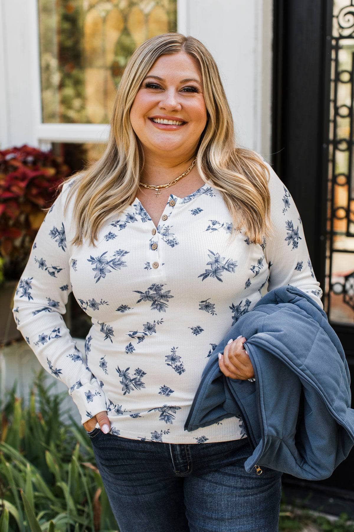 Call Me Lovely Floral Henley Top- White & Navy - Image 3