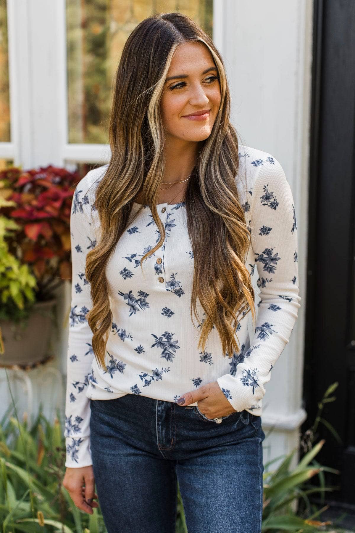 Call Me Lovely Floral Henley Top- White & Navy - Image 5