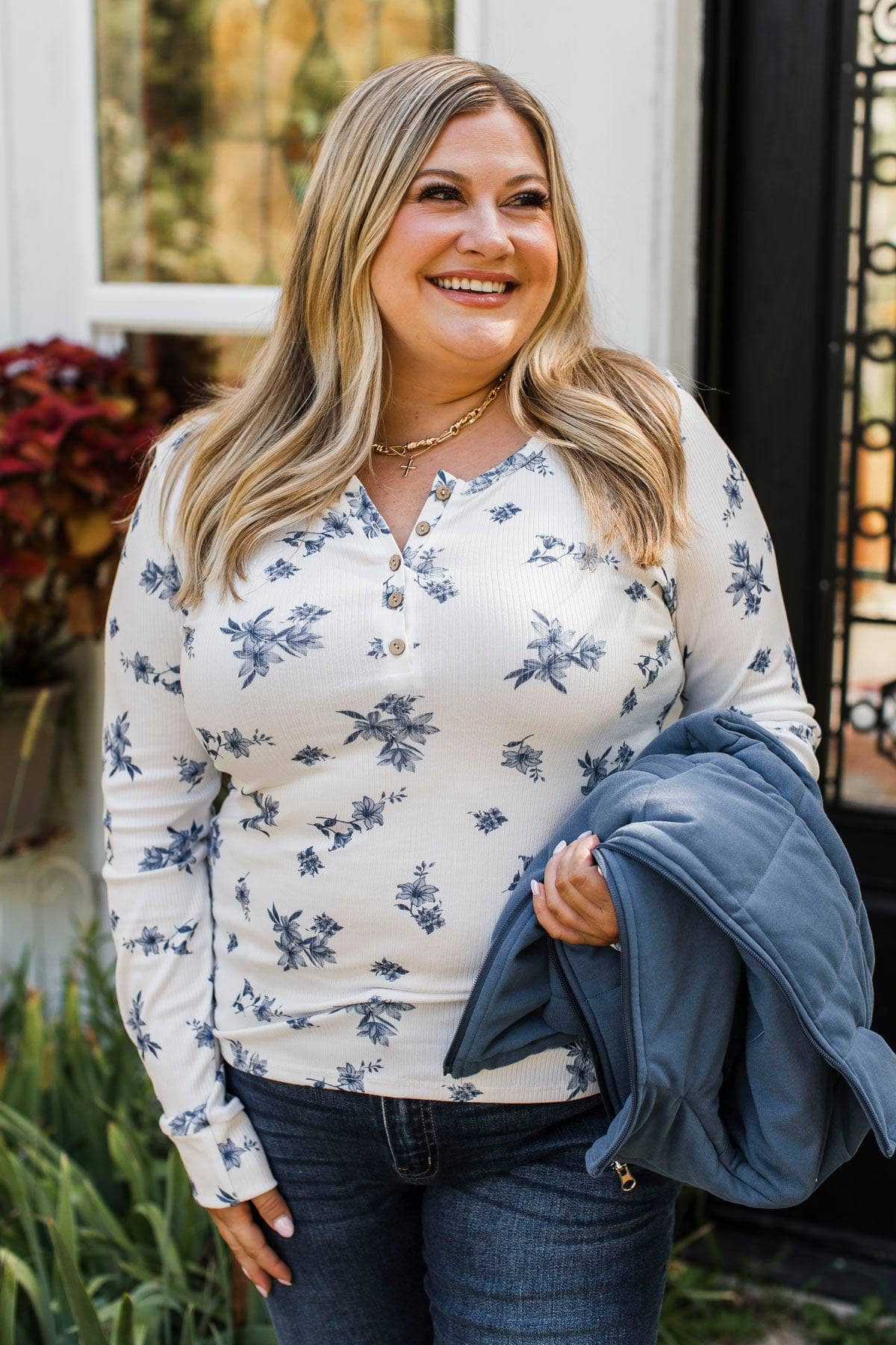 Call Me Lovely Floral Henley Top- White & Navy - Image 6