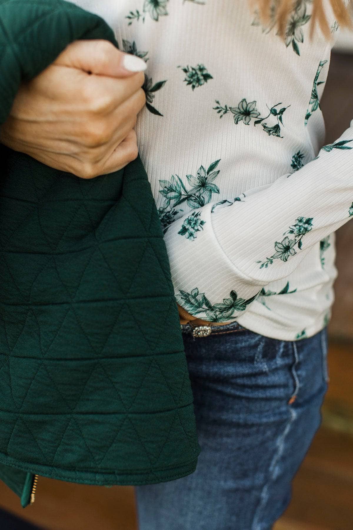 Call Me Lovely Floral Henley Top- White & Wintergreen - Image 5