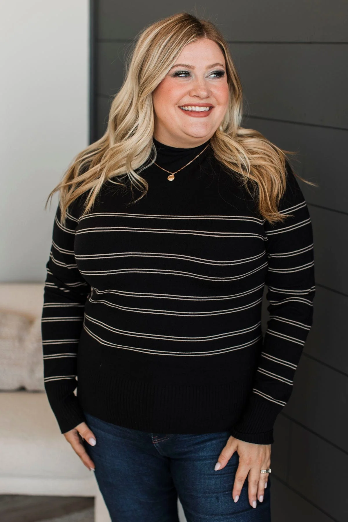 Call Me Sweetheart Striped Sweater- Black - Image 2