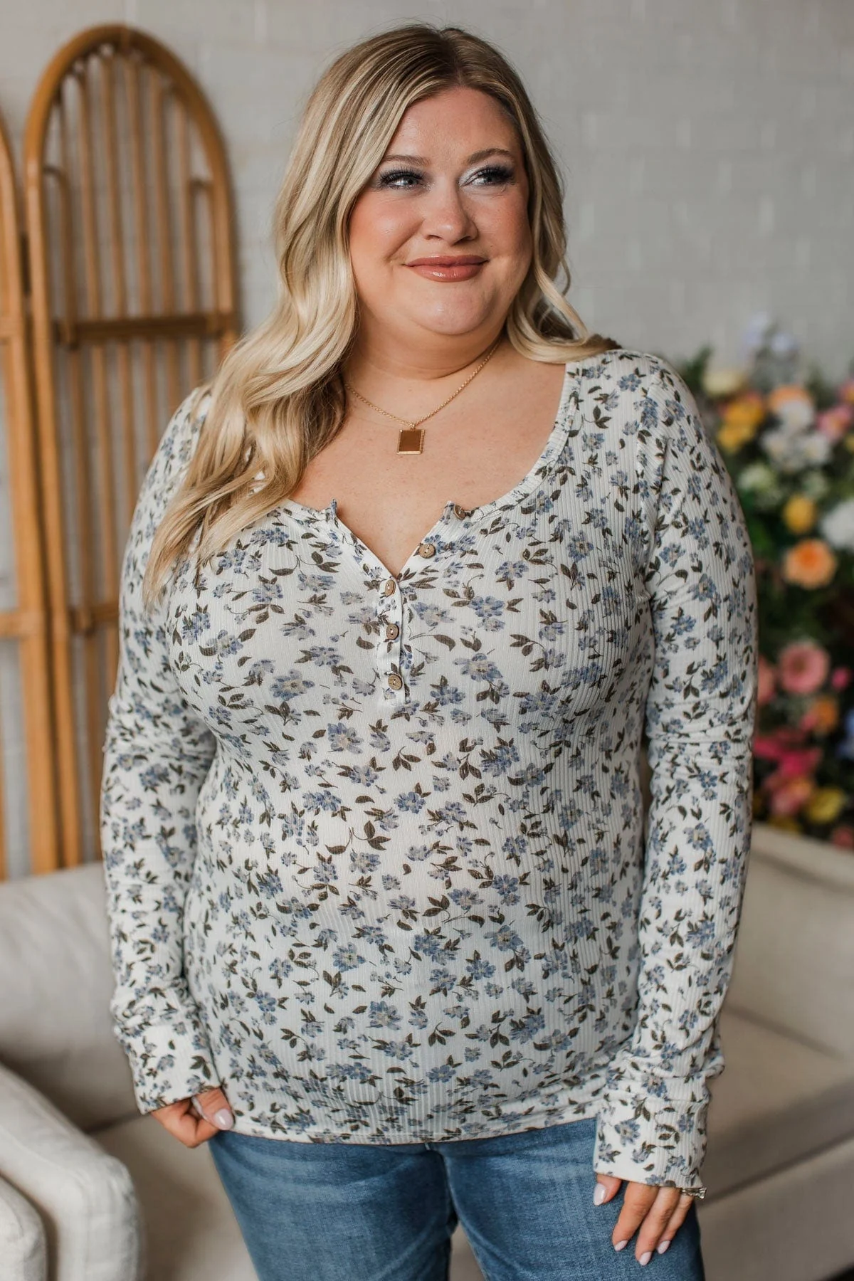 Call Out Your Name Floral Henley Top- Ivory & Denim - Image 2