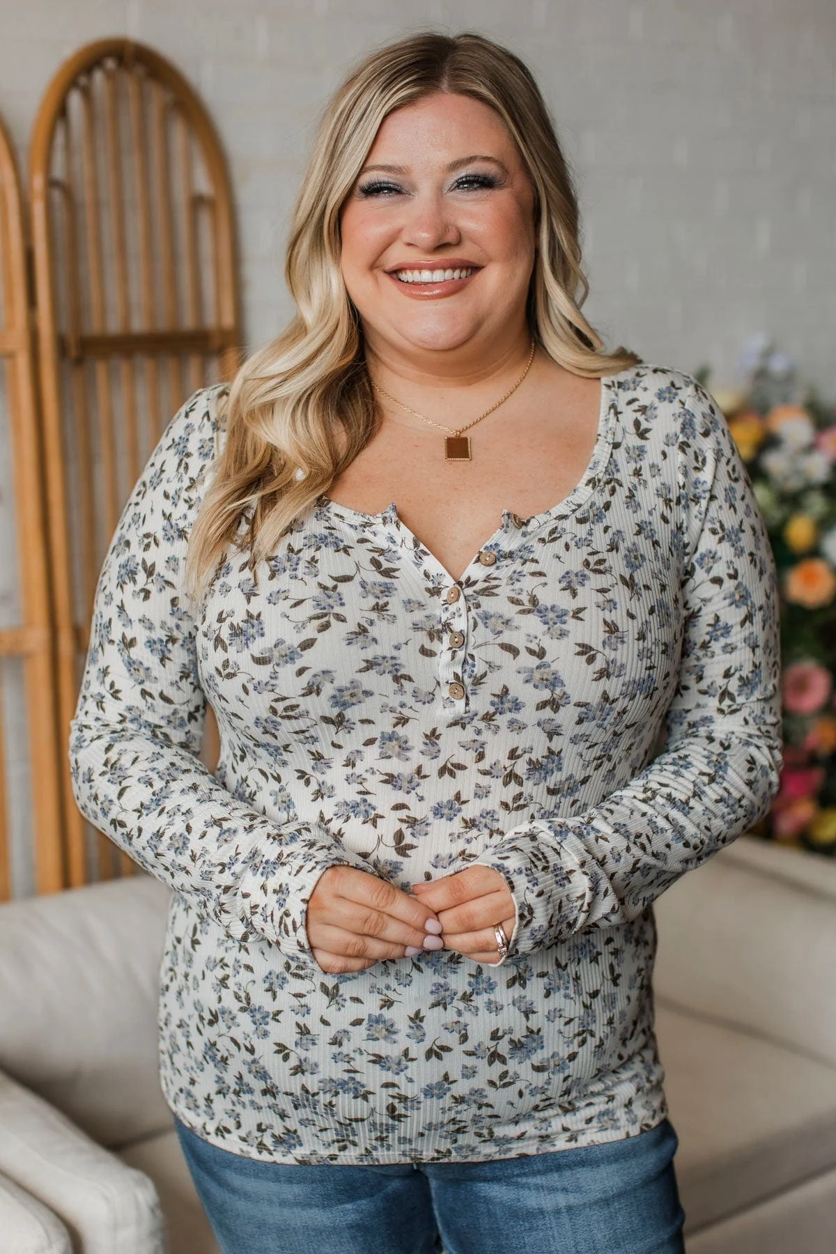Call Out Your Name Floral Henley Top- Ivory & Denim - Image 6