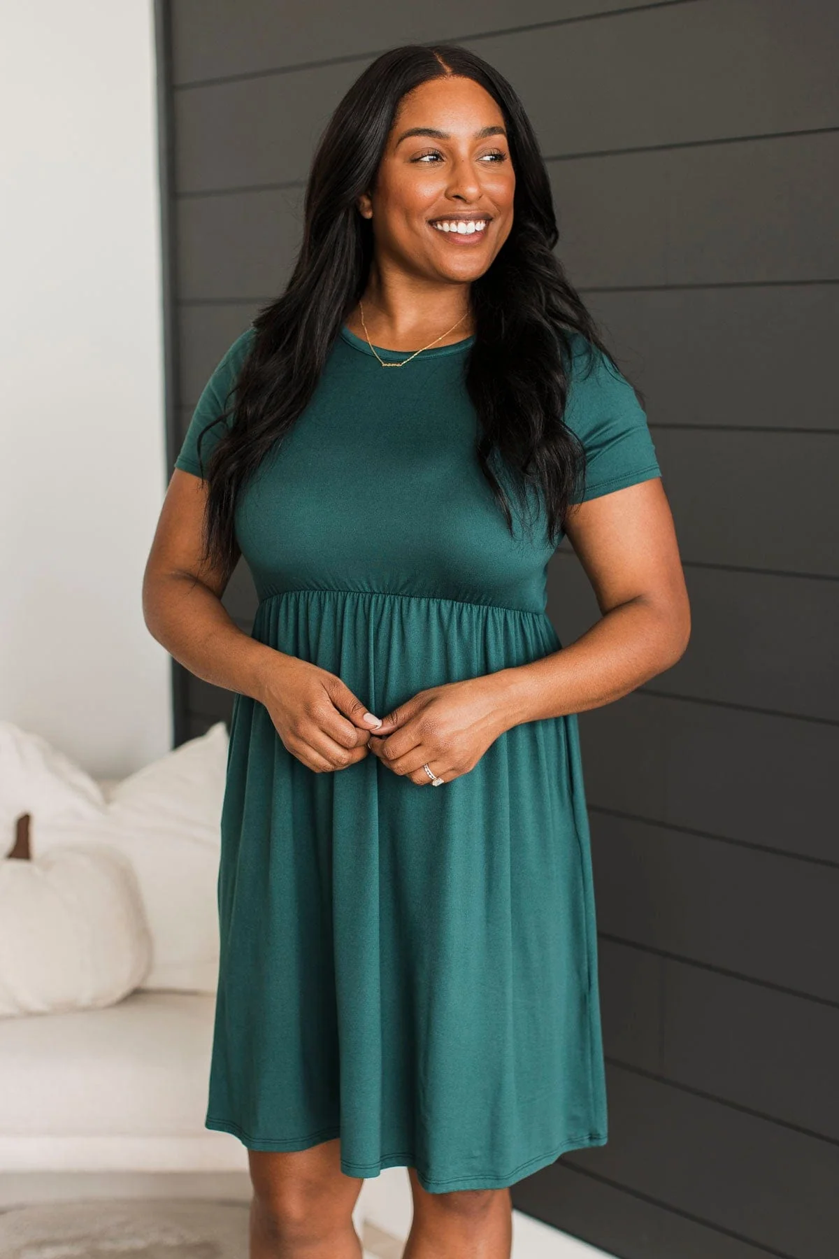 Calls For A Celebration Short Sleeve Dress- Hunter Green - Image 2