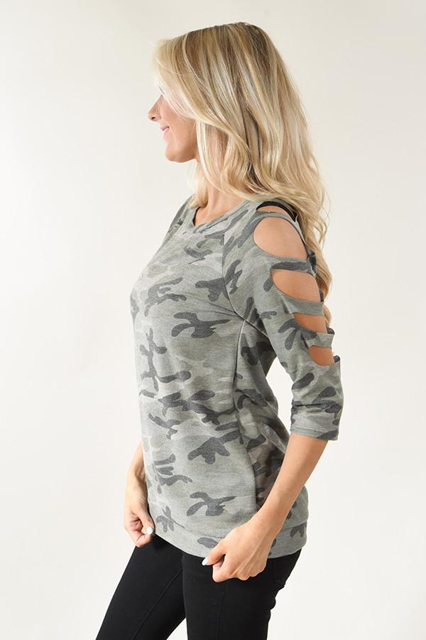 Camo Cut Out Sleeve Top - Image 5