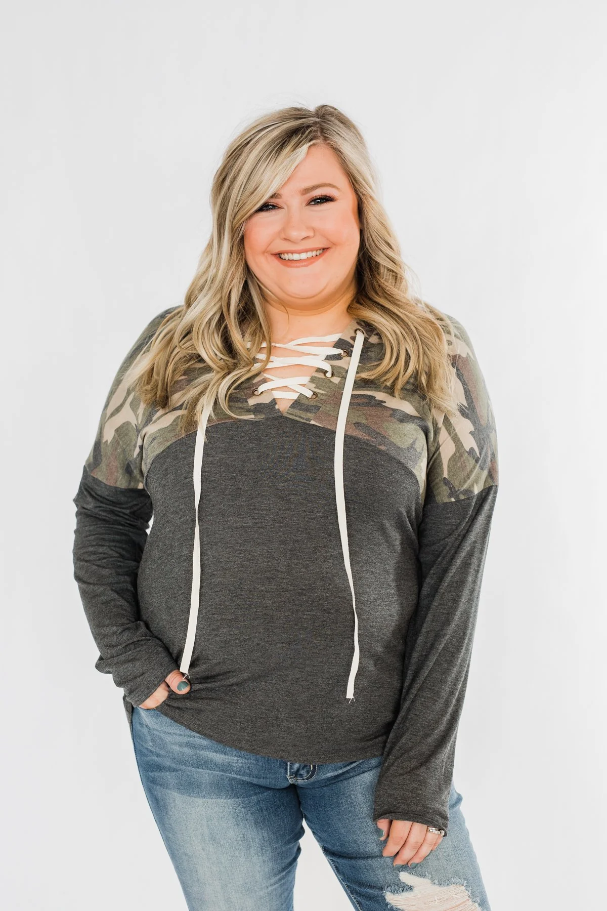 Camo Cutie Lace Up Hoodie- Charcoal & Ivory - Image 3
