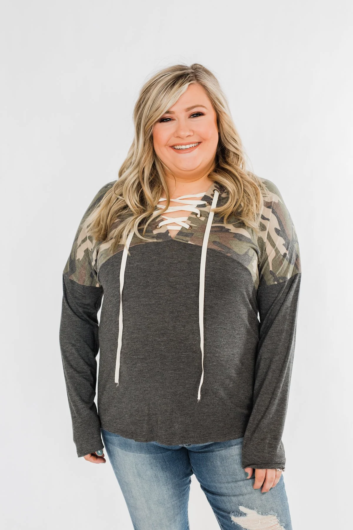 Camo Cutie Lace Up Hoodie- Charcoal & Ivory - Image 5
