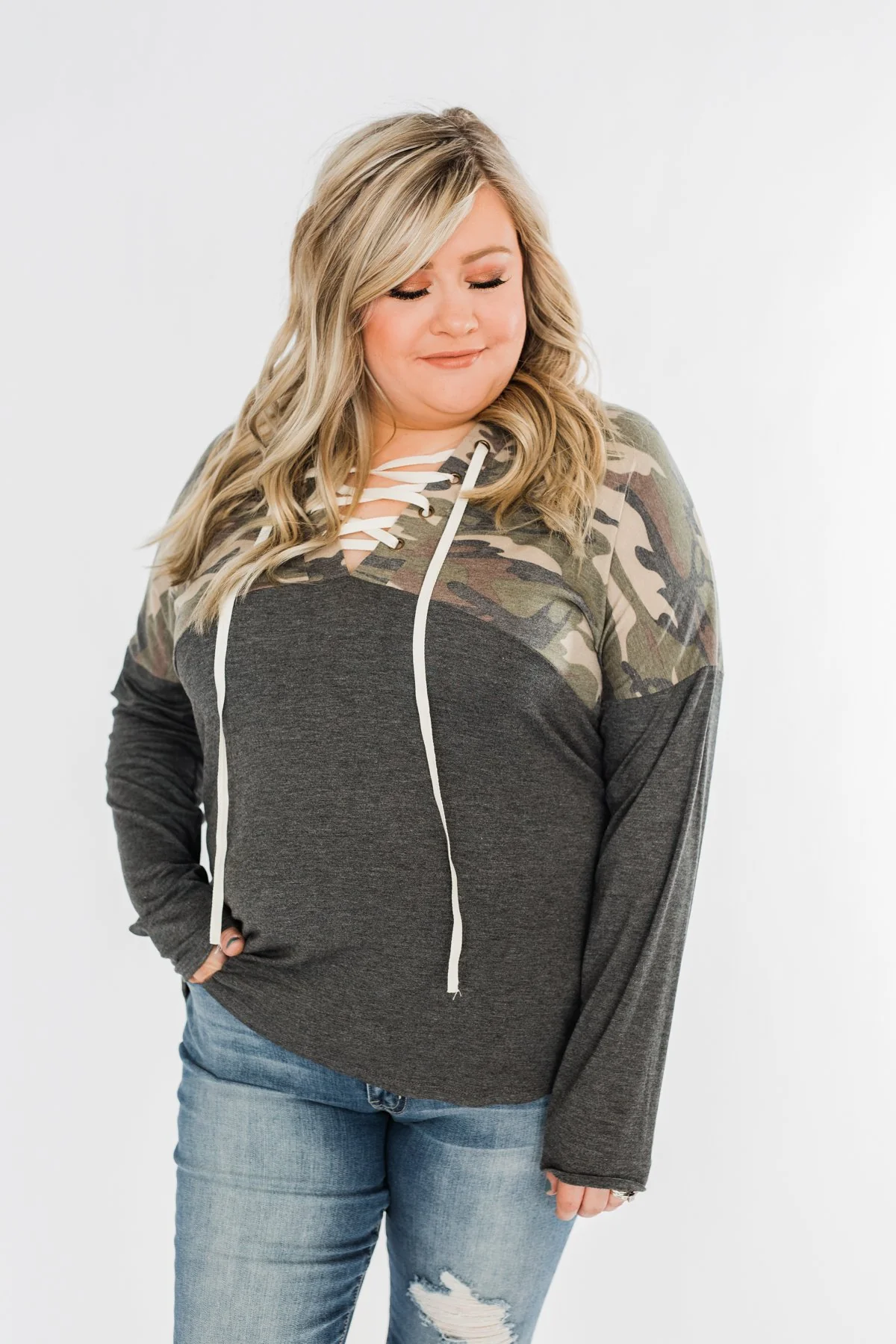 Camo Cutie Lace Up Hoodie- Charcoal & Ivory - Image 7