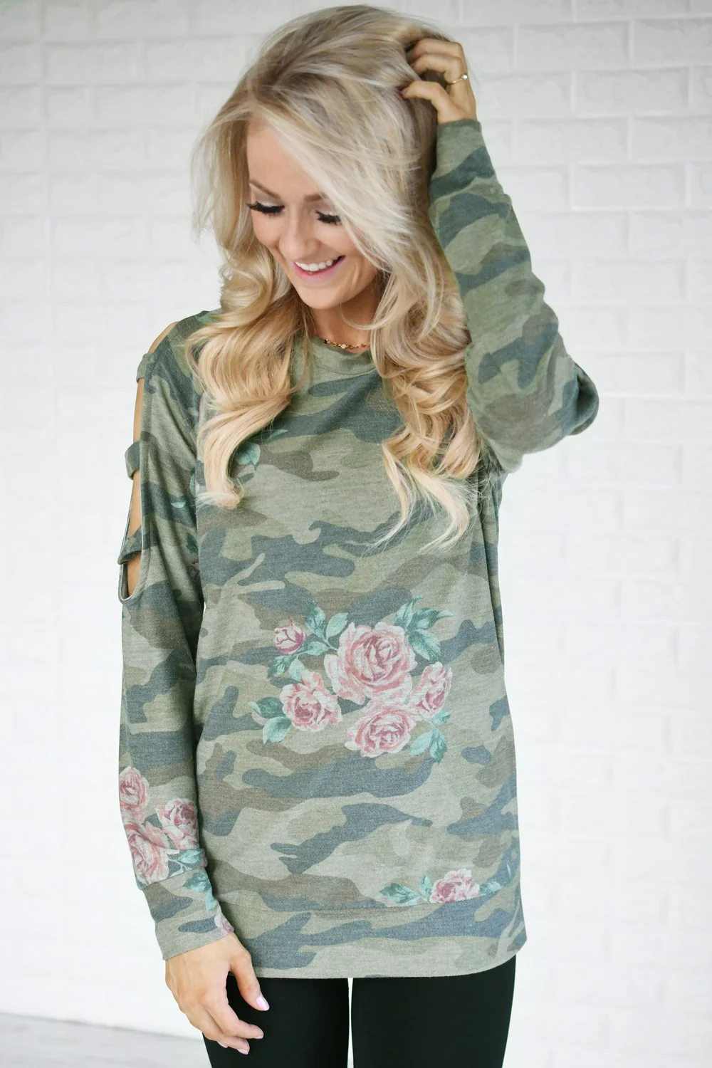 Camo & Floral Cold Shoulder Top - Image 3