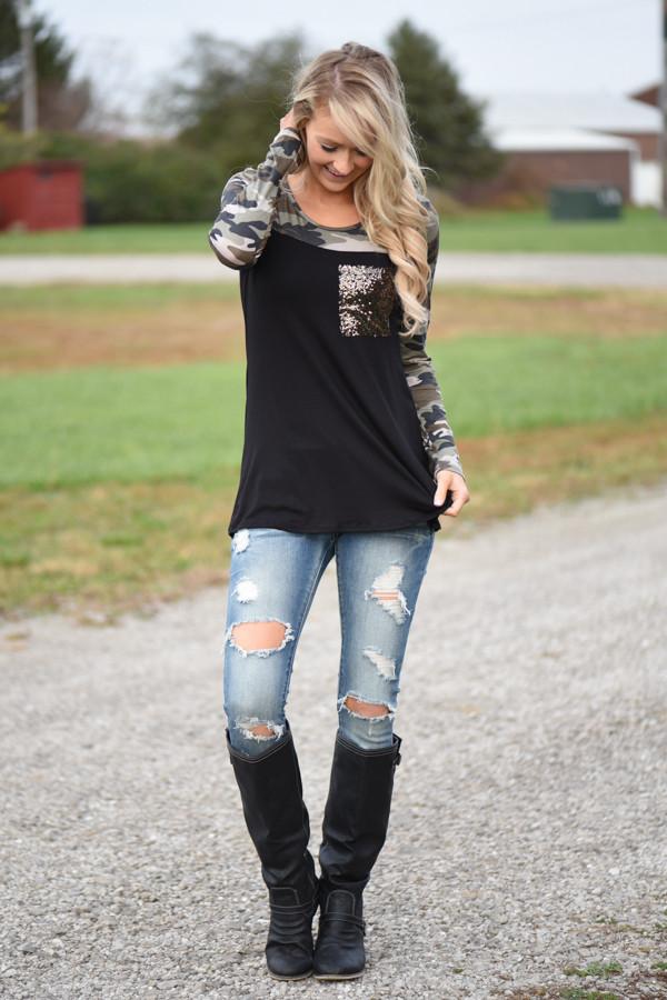 Camo Sparkle Pocket Top ~ Black - Image 3
