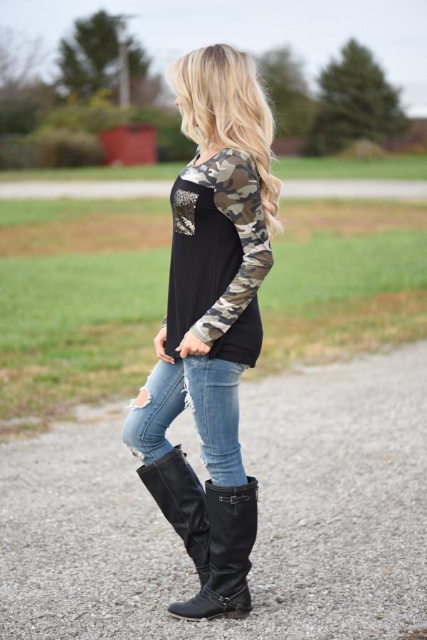 Camo Sparkle Pocket Top ~ Black - Image 4