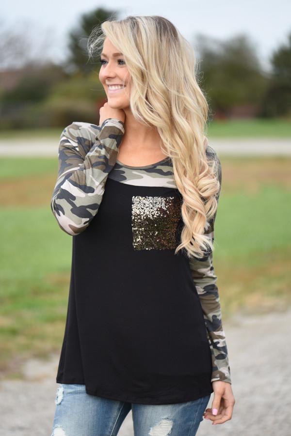 Camo Sparkle Pocket Top ~ Black - Image 6
