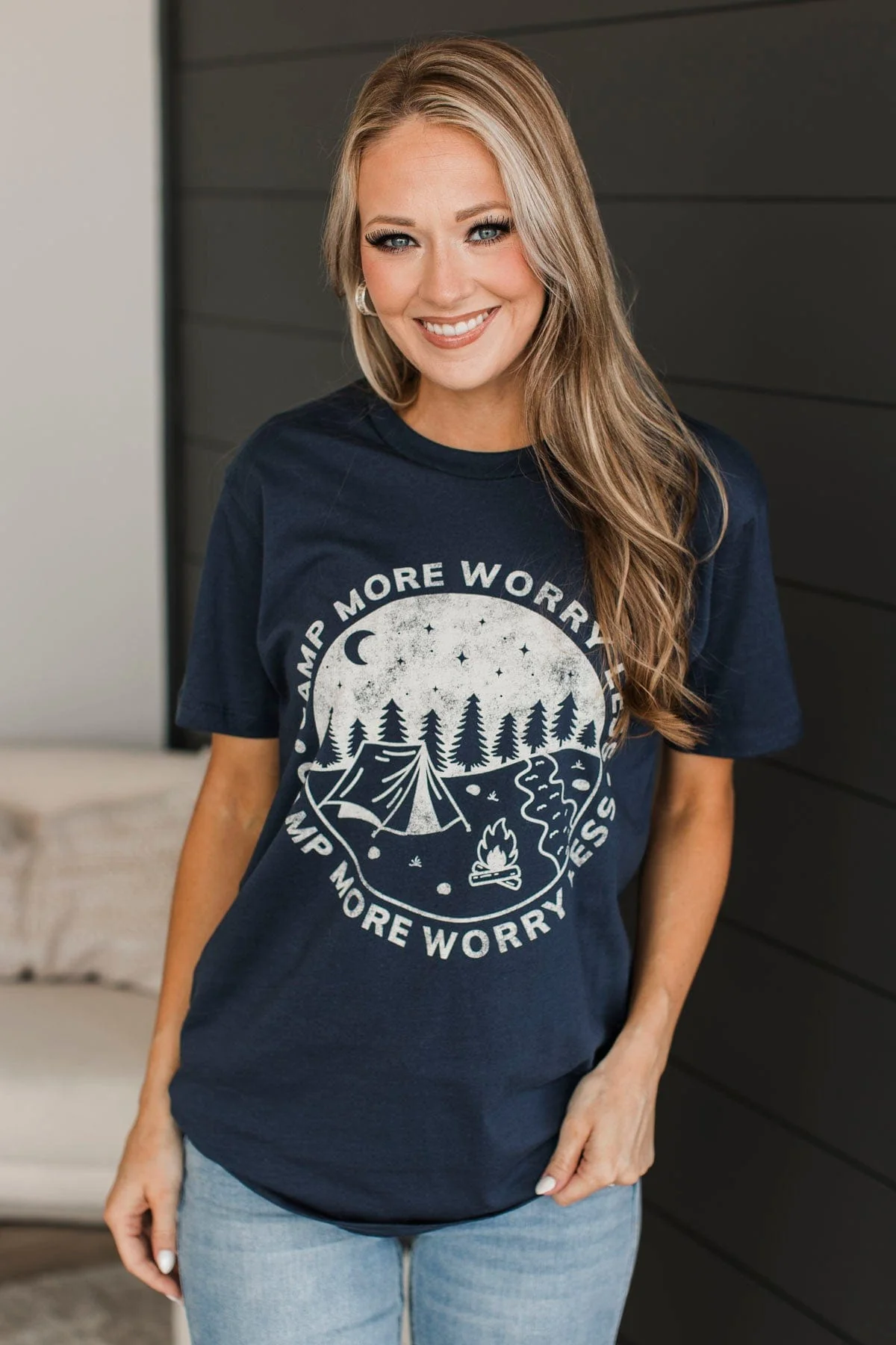 "Camp More, Worry Less" Graphic Tee- Navy - Image 4