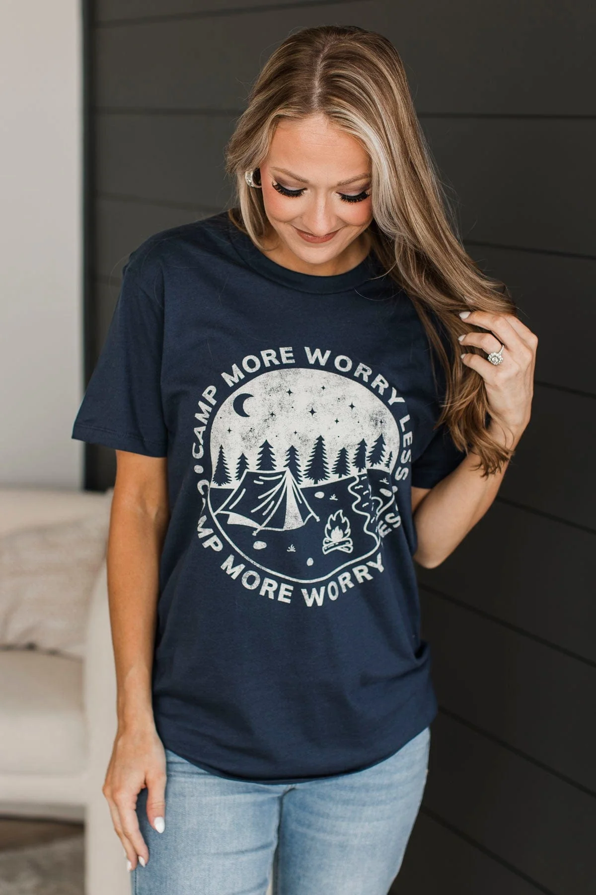 "Camp More, Worry Less" Graphic Tee- Navy - Image 5