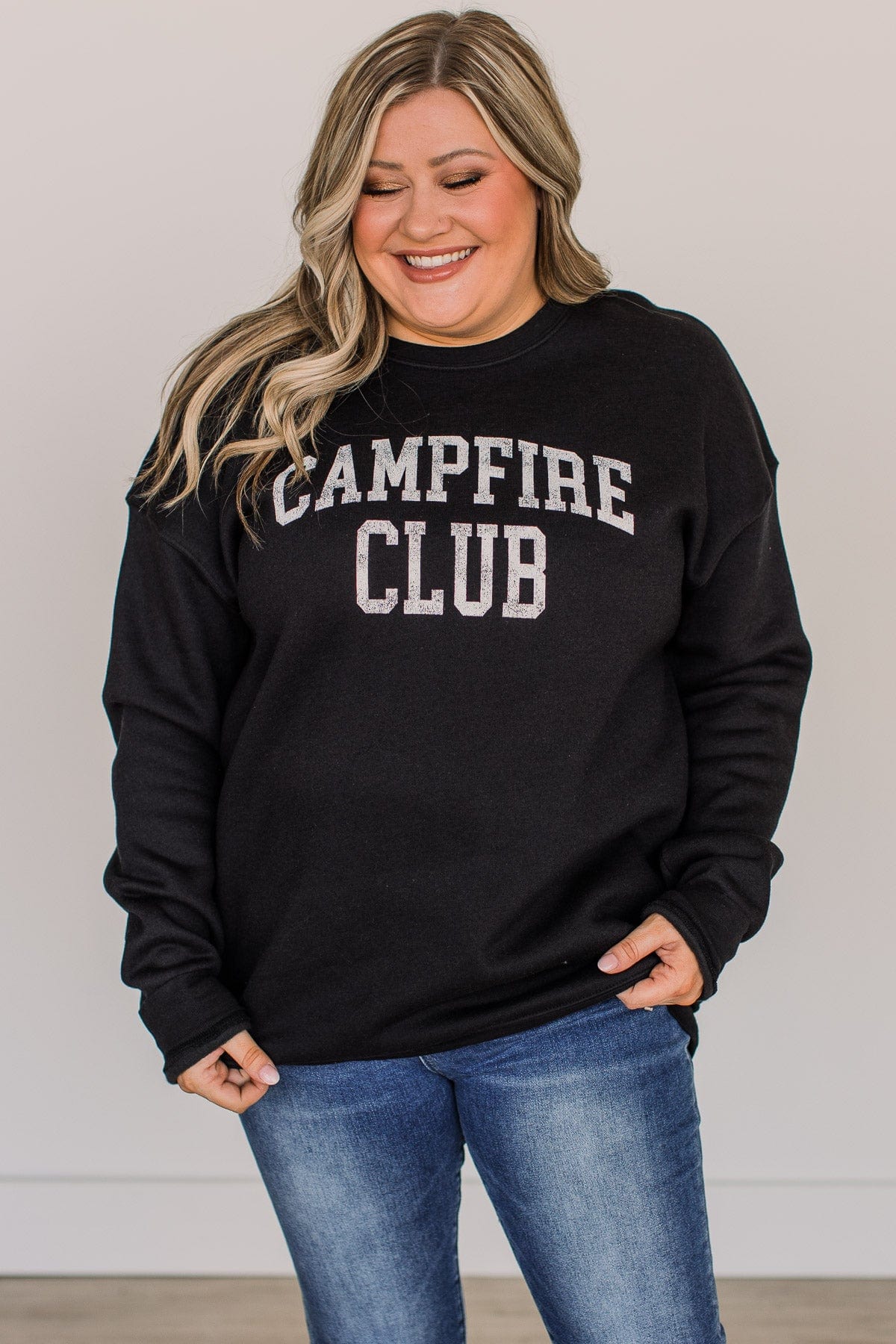 "Campfire Club" Graphic Crew Neck Pullover- Black - Image 2