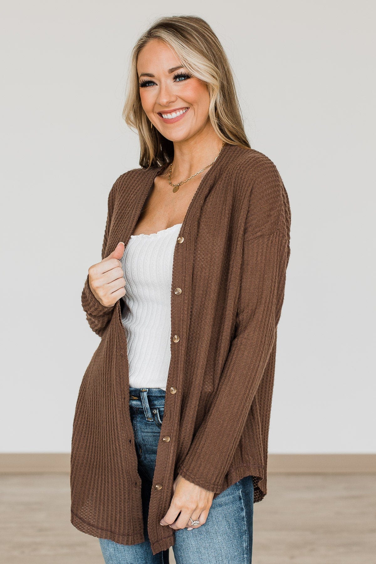 Campfire Cozy Waffle Knit Button Top- Brown - Image 5