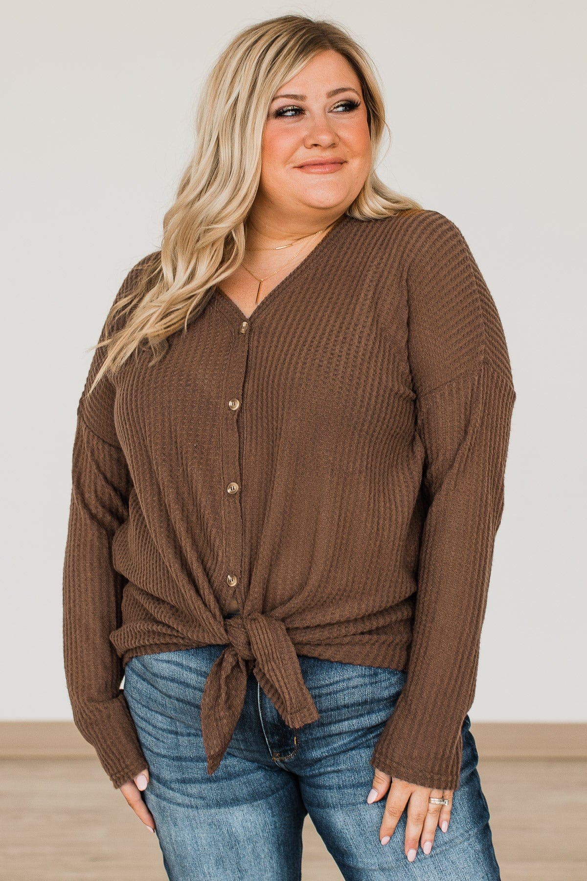 Campfire Cozy Waffle Knit Button Top- Brown - Image 6
