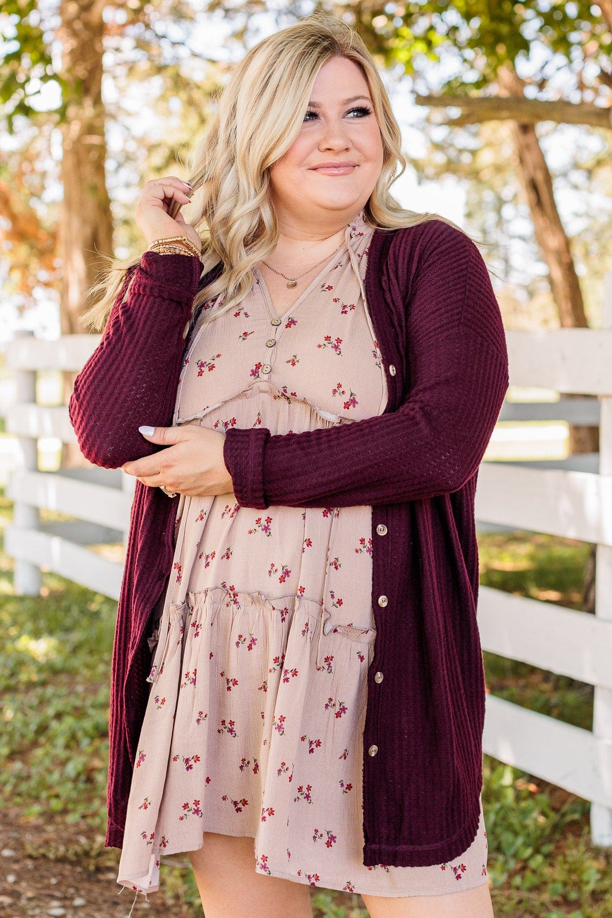 Campfire Cozy Waffle Knit Button Top- Burgundy - Image 4