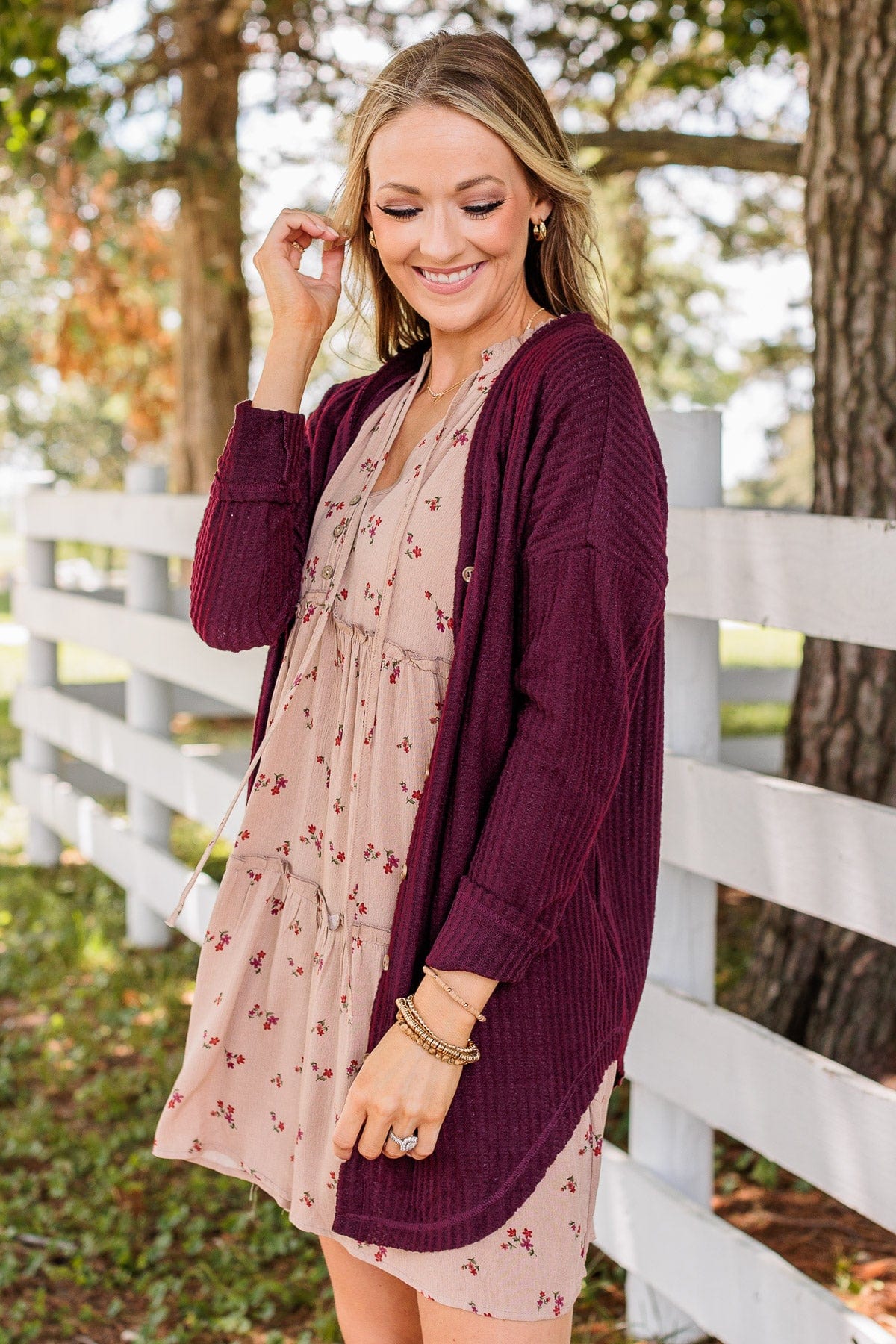 Campfire Cozy Waffle Knit Button Top- Burgundy - Image 7