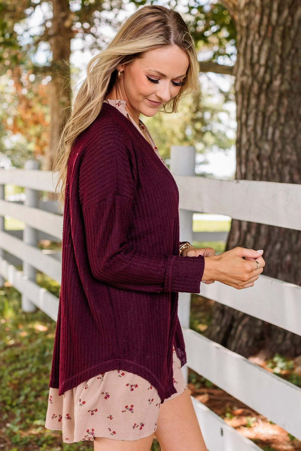 Campfire Cozy Waffle Knit Button Top- Burgundy - Image 8