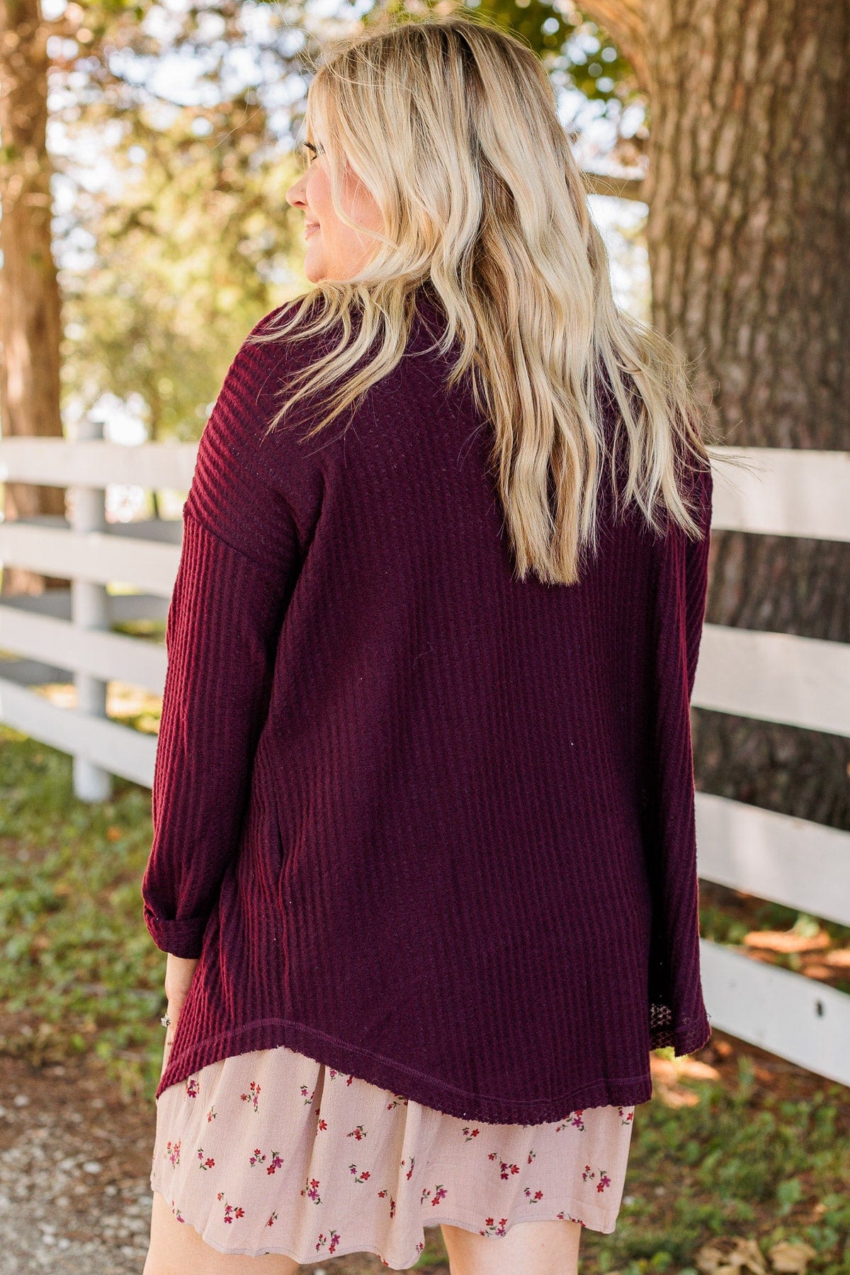 Campfire Cozy Waffle Knit Button Top- Burgundy - Image 9