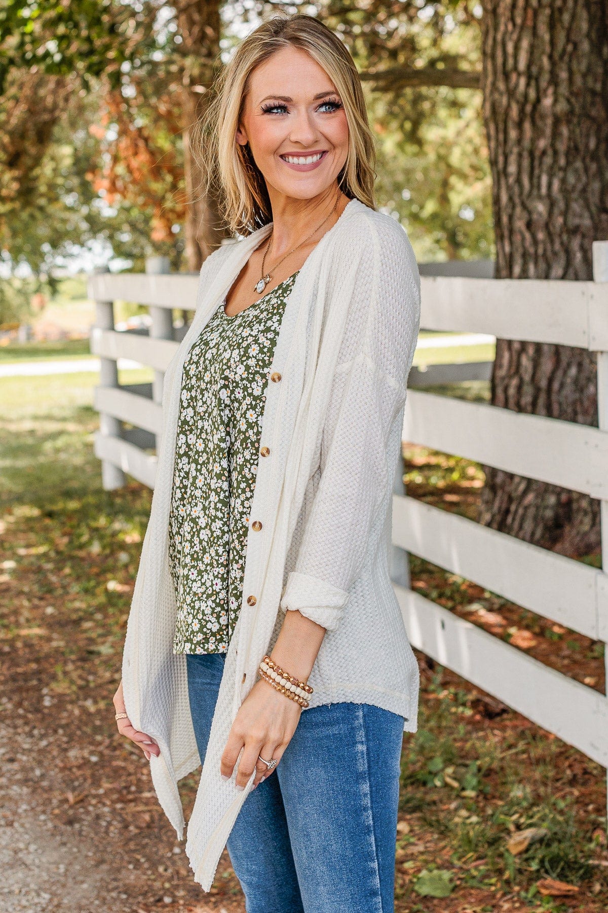 Campfire Cozy Waffle Knit Button Top- Cream - Image 2