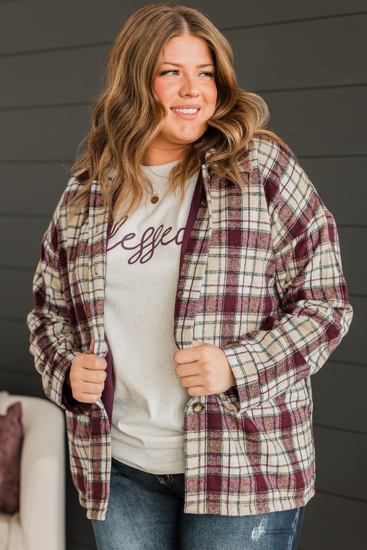 Campfire Nights Plaid Jacket- Plum & Beige - Image 3