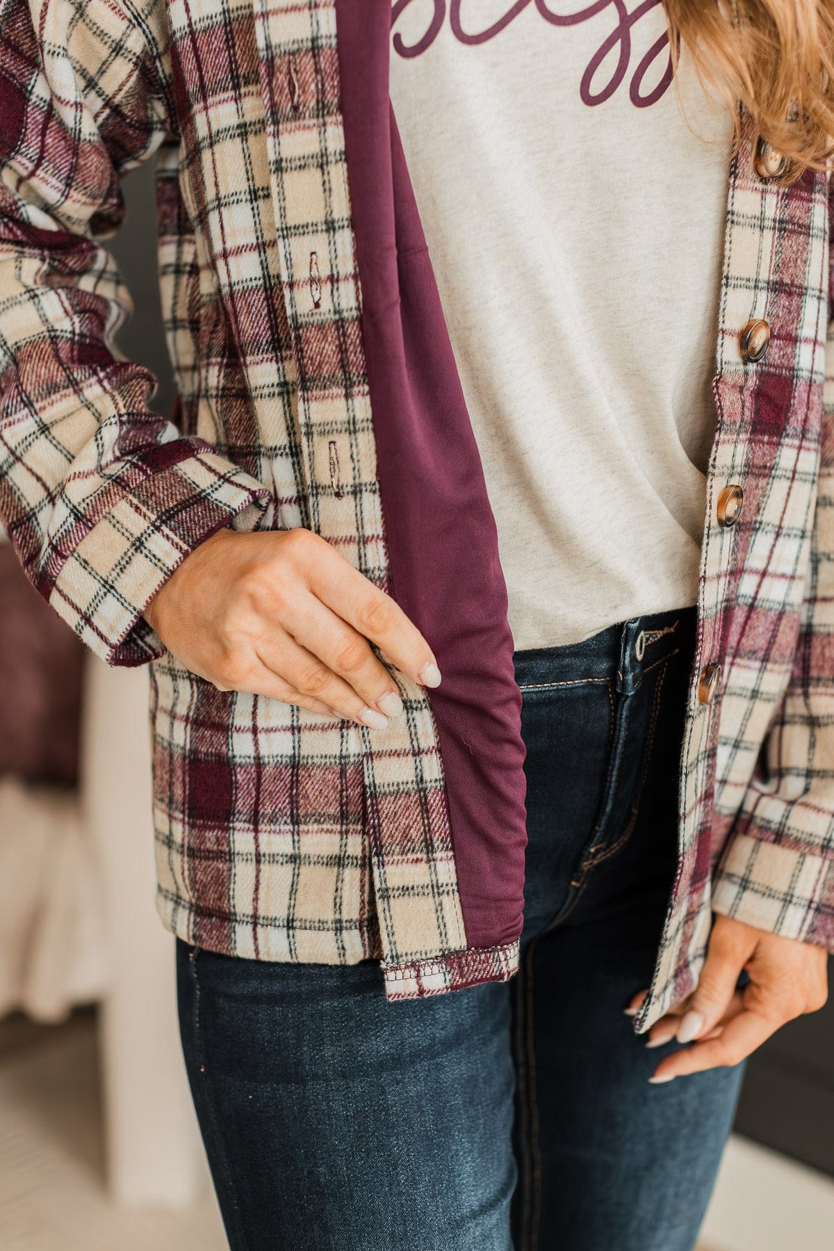 Campfire Nights Plaid Jacket- Plum & Beige - Image 4