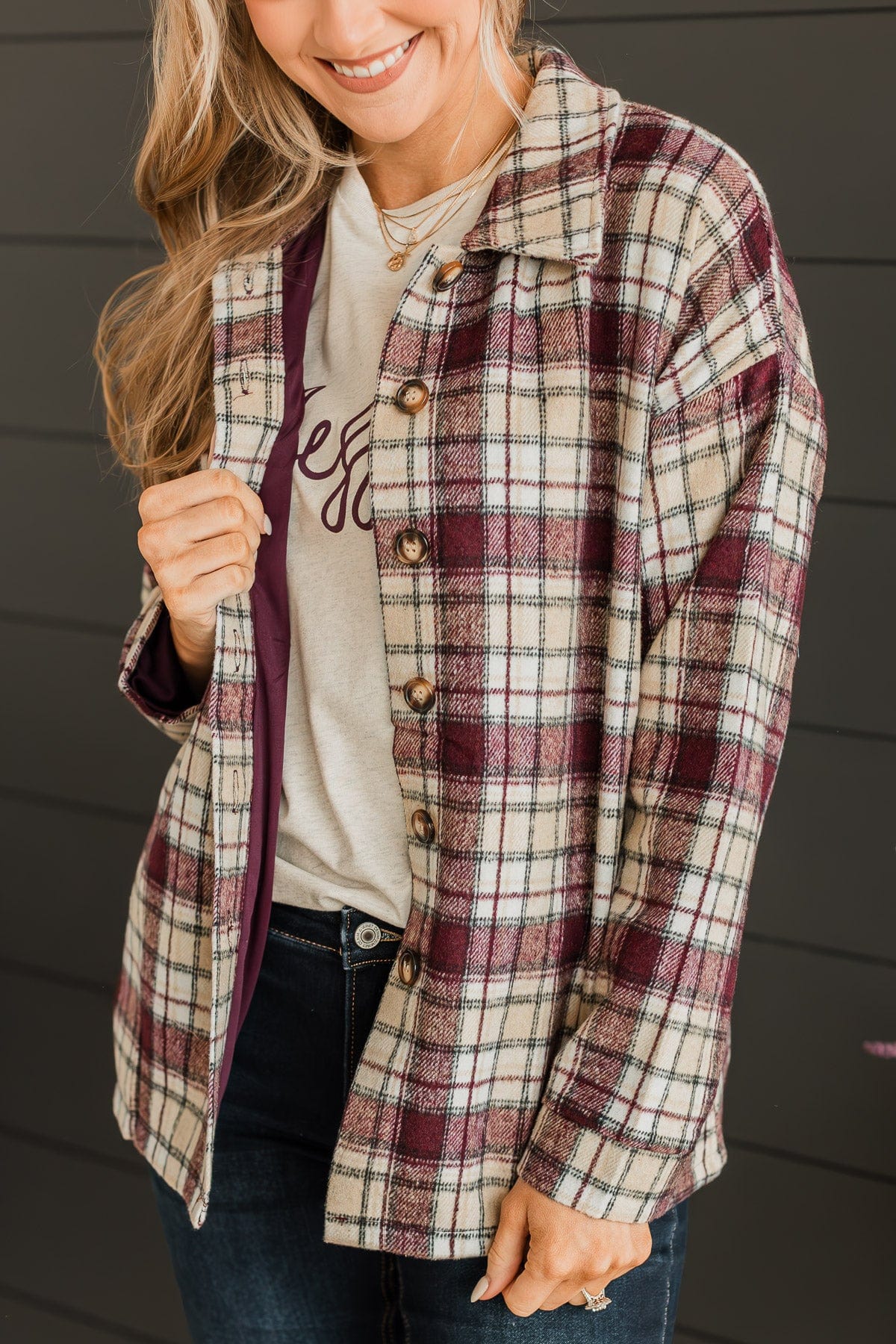 Campfire Nights Plaid Jacket- Plum & Beige - Image 5
