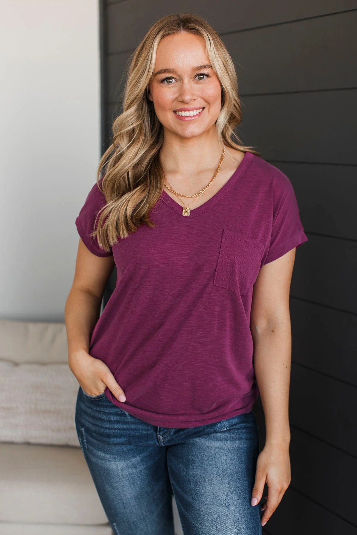 Can't Be Fooled V-Neck Top- Magenta - Image 2