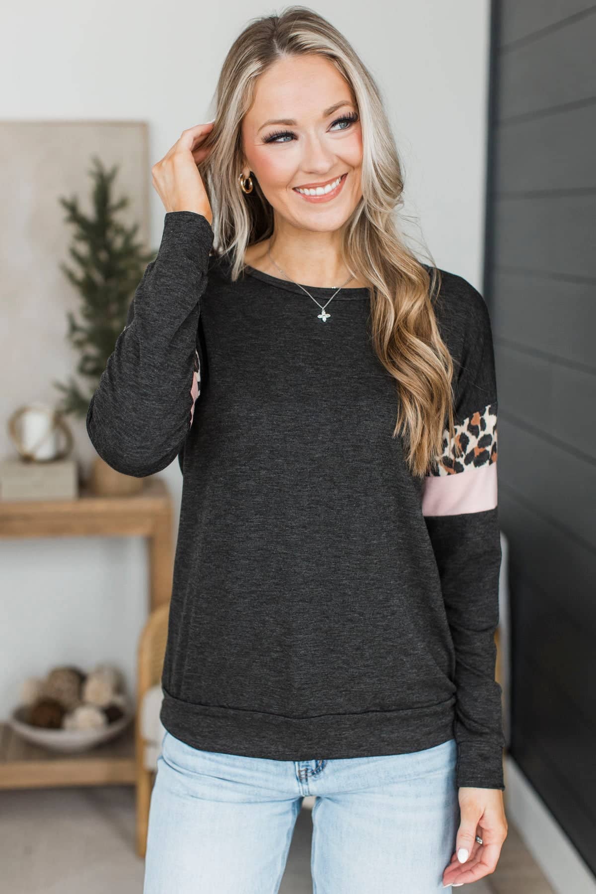Can't Be Tamed Long Sleeve Top- Charcoal & Blush