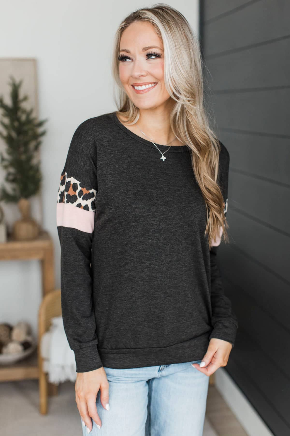 Can't Be Tamed Long Sleeve Top- Charcoal & Blush - Image 3