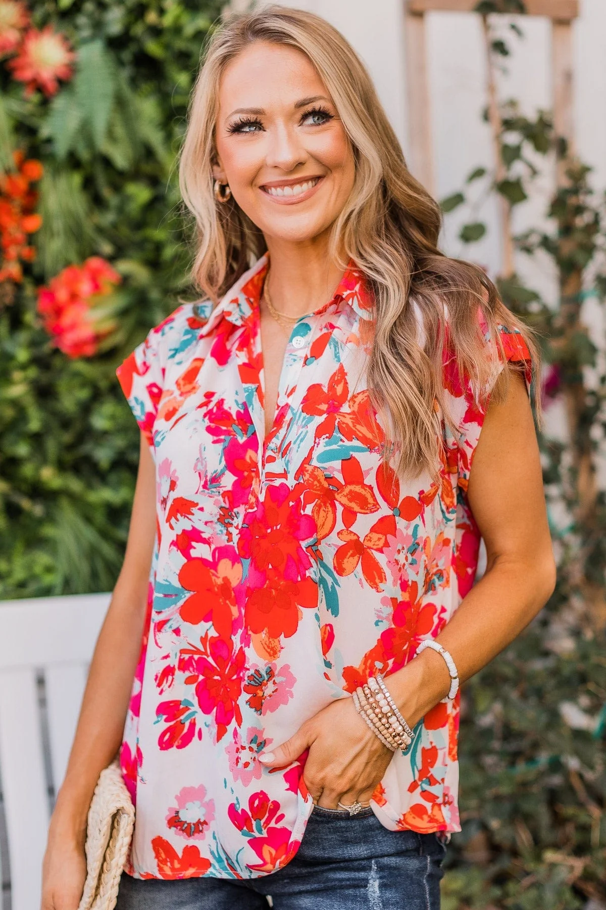 Can't Deny Floral Button Top- Ivory & Red - Image 4