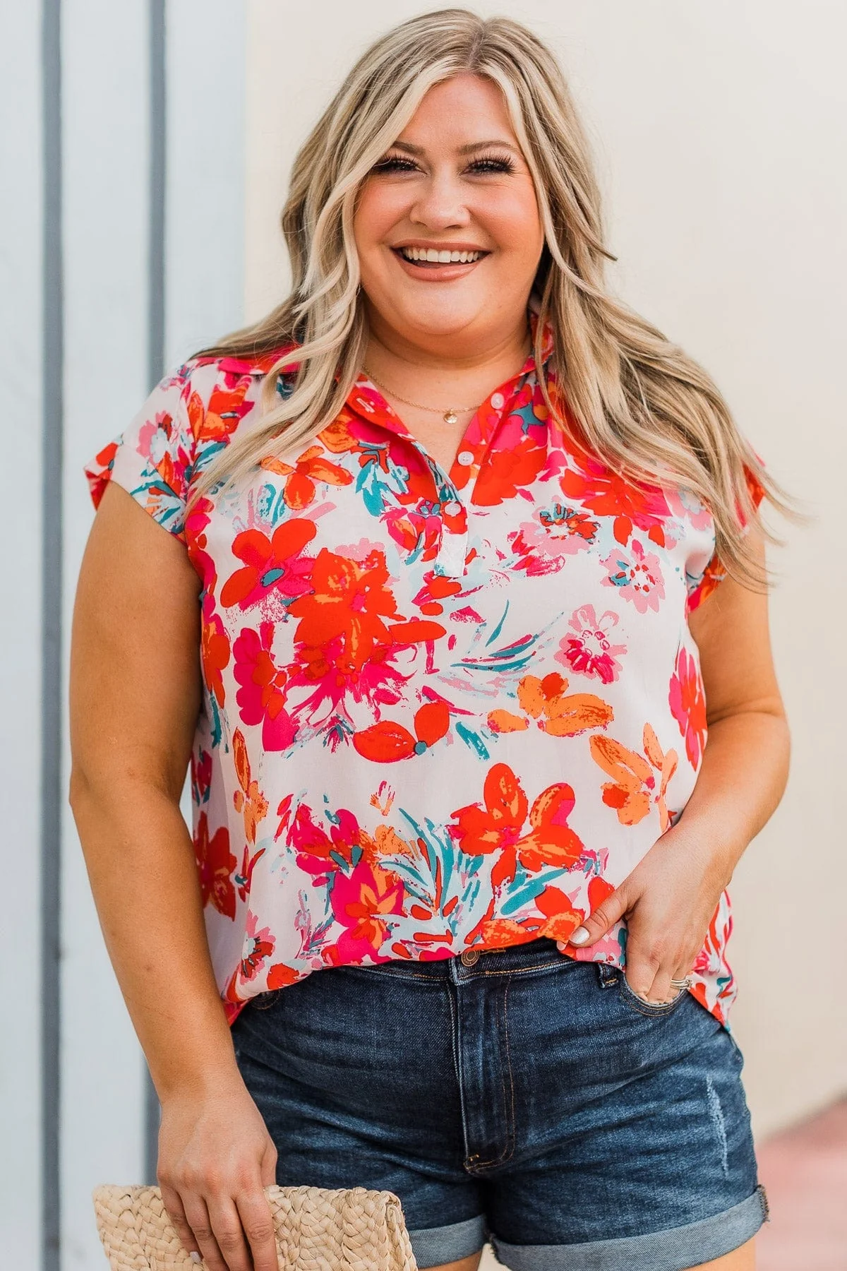 Can't Deny Floral Button Top- Ivory & Red - Image 5