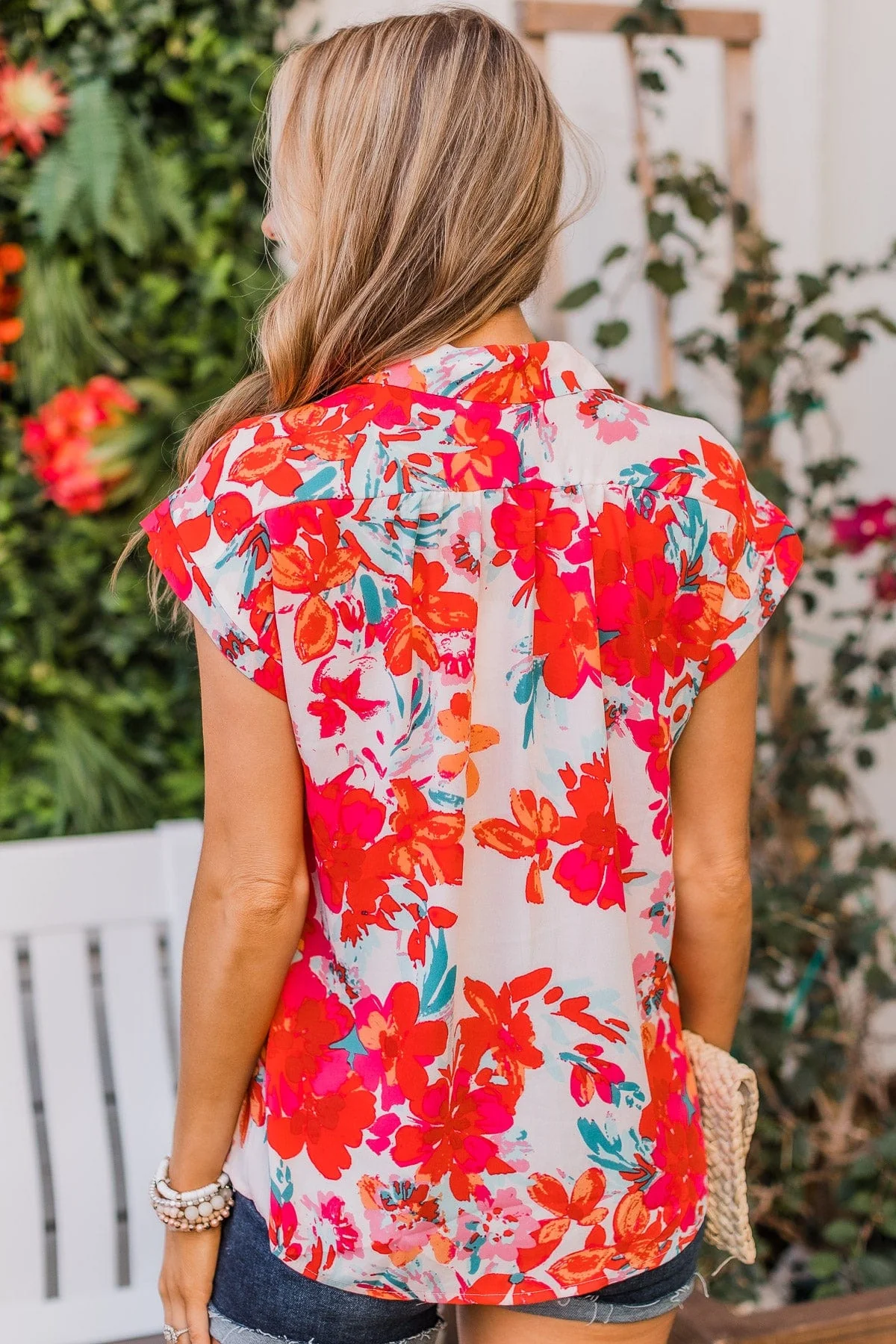 Can't Deny Floral Button Top- Ivory & Red - Image 8