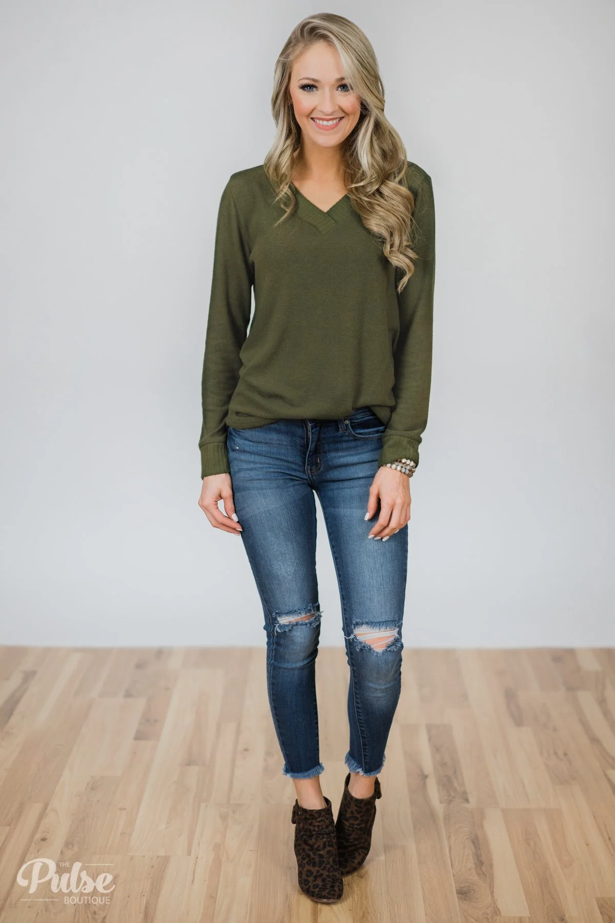 Can't Forget You V-Neck Top- Olive - Image 3