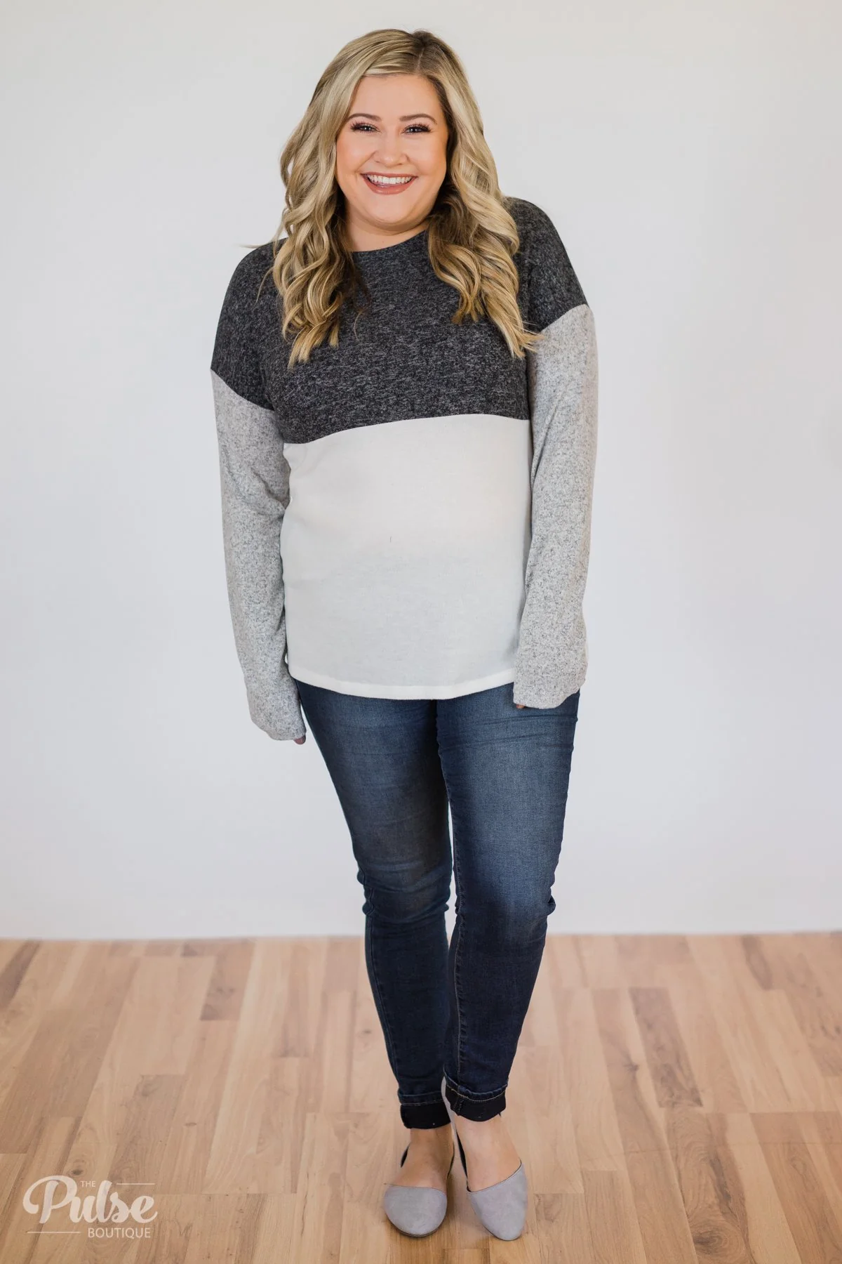 Can't Get Enough Color Block Top- Charcoal, Grey, Ivory - Image 4