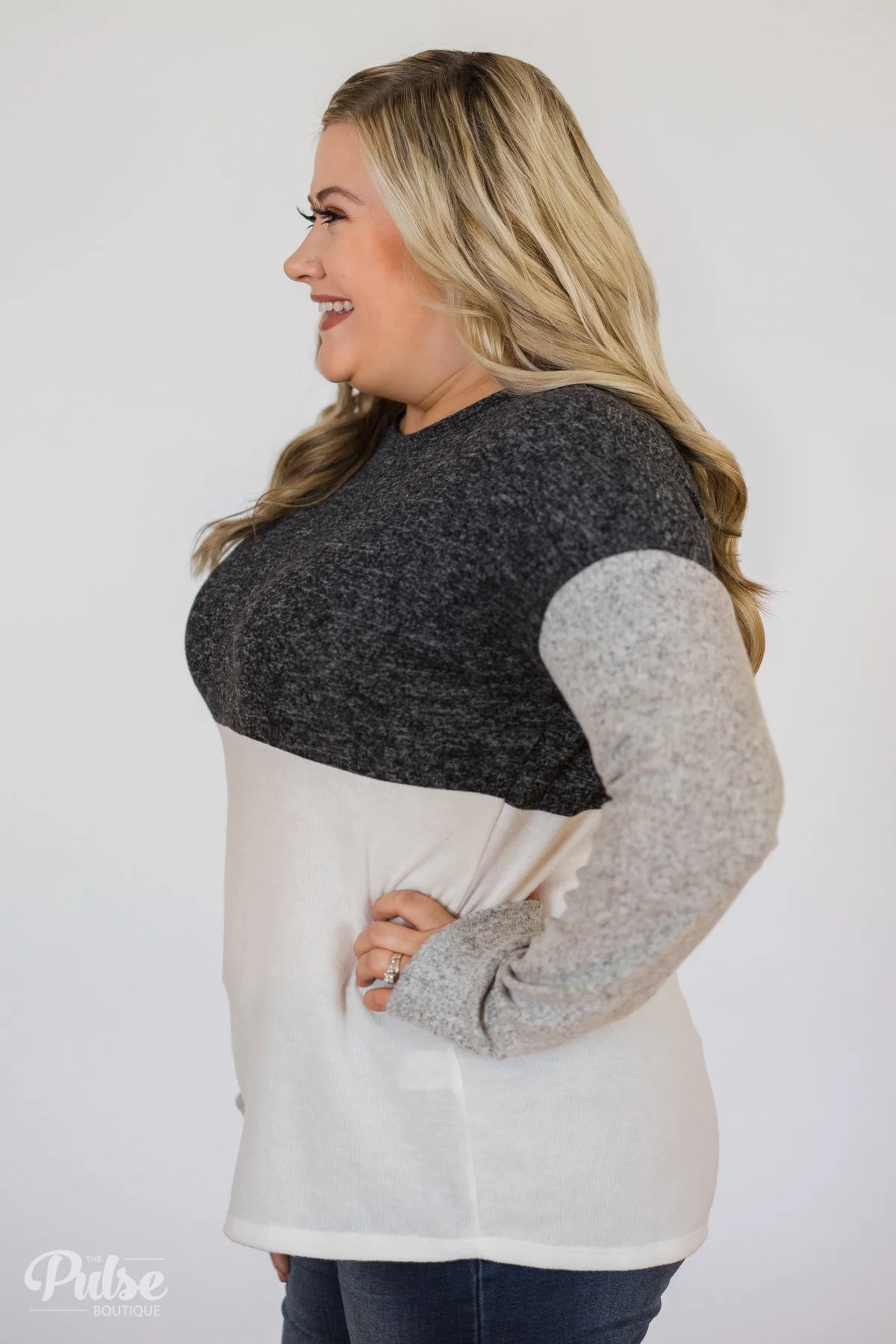 Can't Get Enough Color Block Top- Charcoal, Grey, Ivory - Image 9