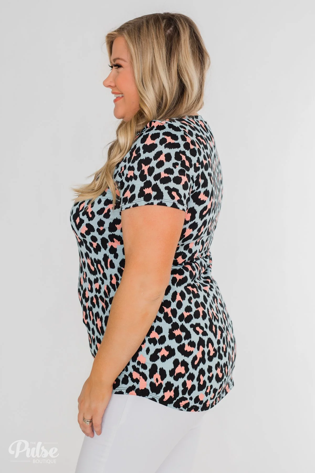 Can't Go Wrong V-Neck Leopard Top- Light Blue & Peach - Image 10