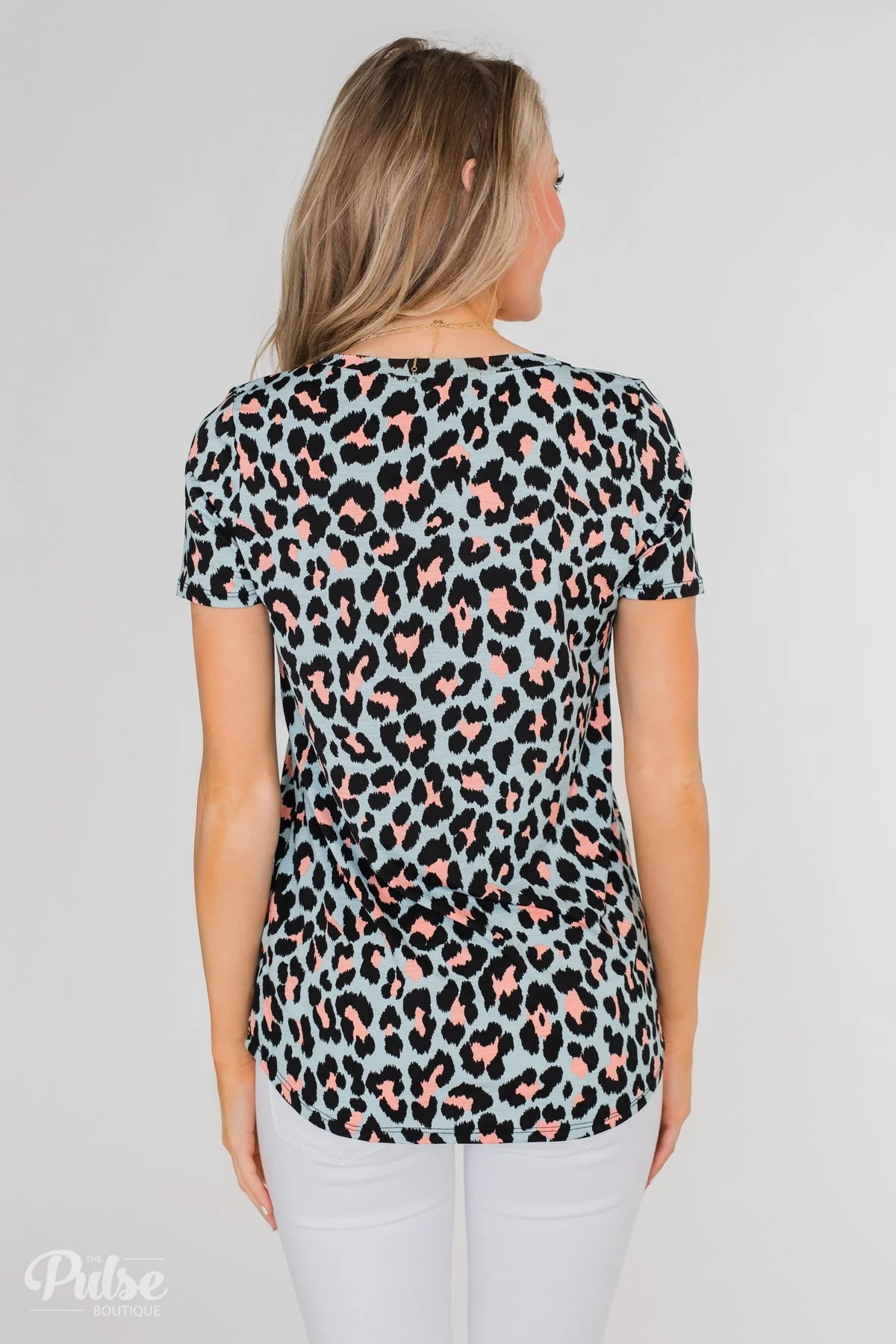 Can't Go Wrong V-Neck Leopard Top- Light Blue & Peach - Image 11