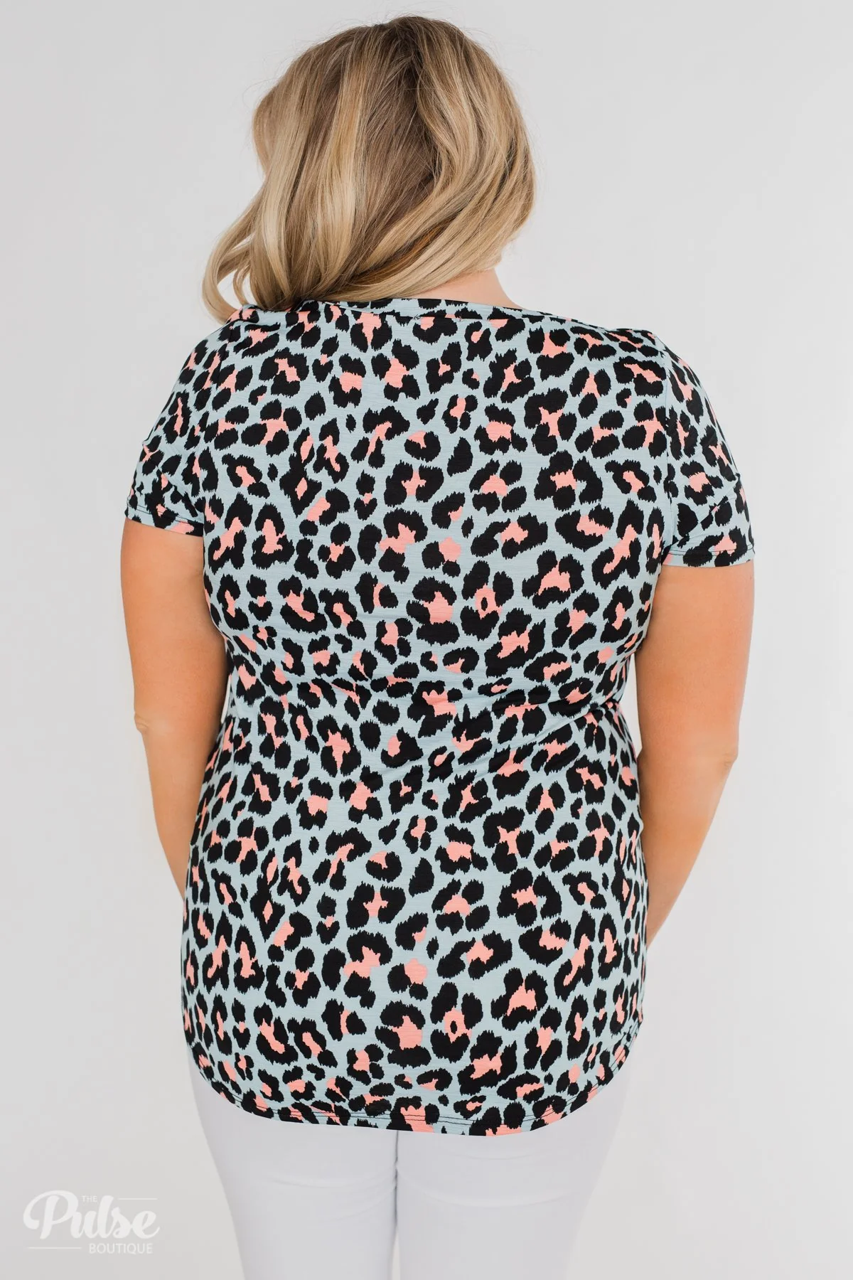 Can't Go Wrong V-Neck Leopard Top- Light Blue & Peach - Image 12