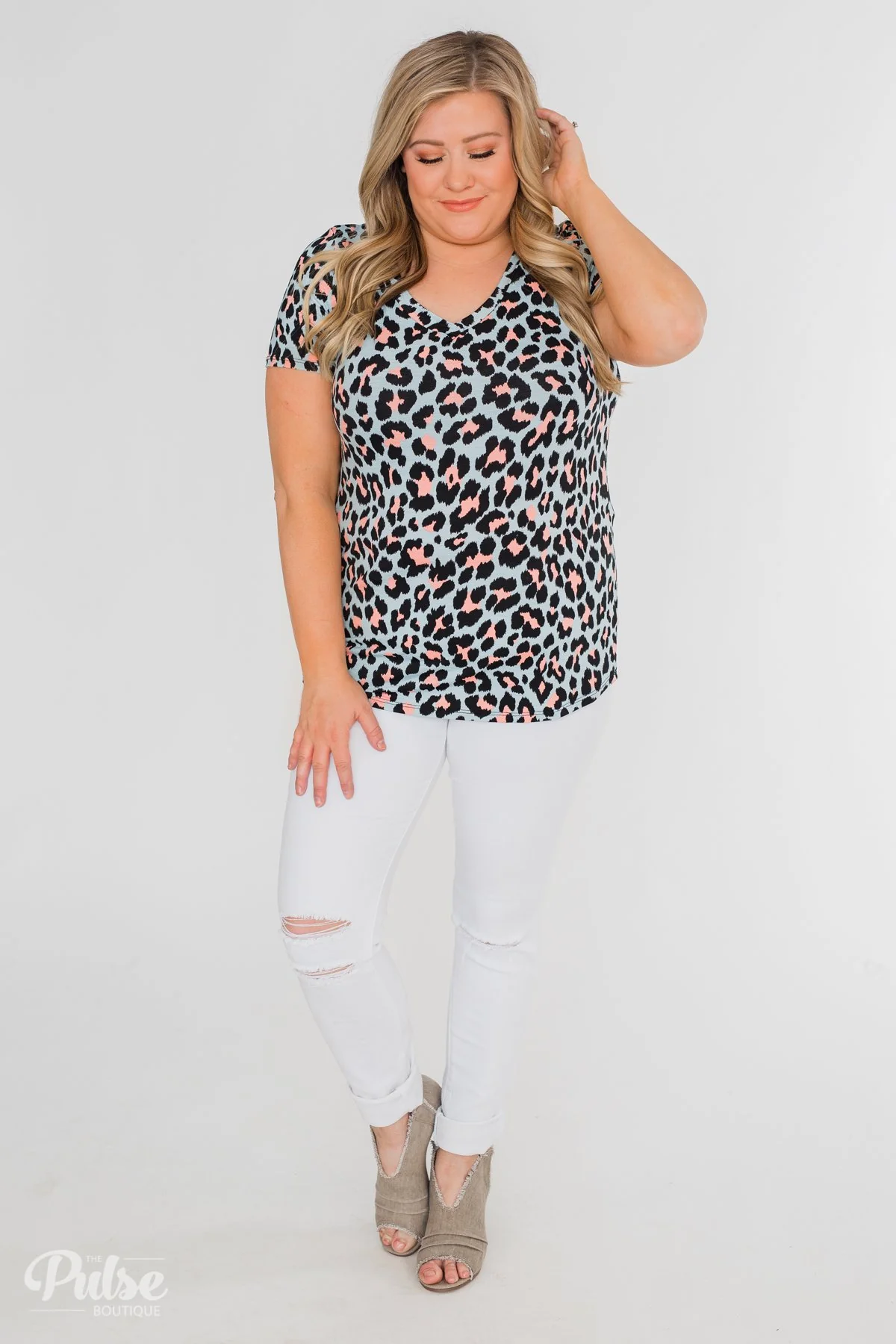 Can't Go Wrong V-Neck Leopard Top- Light Blue & Peach - Image 4