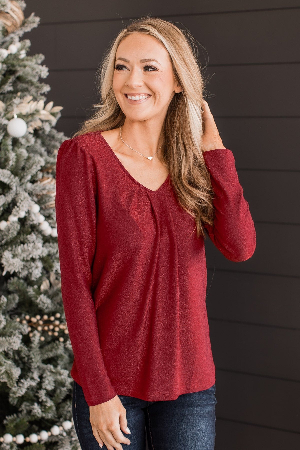 Can't Miss It Puff Sleeve Shimmer Top- Red - Image 4