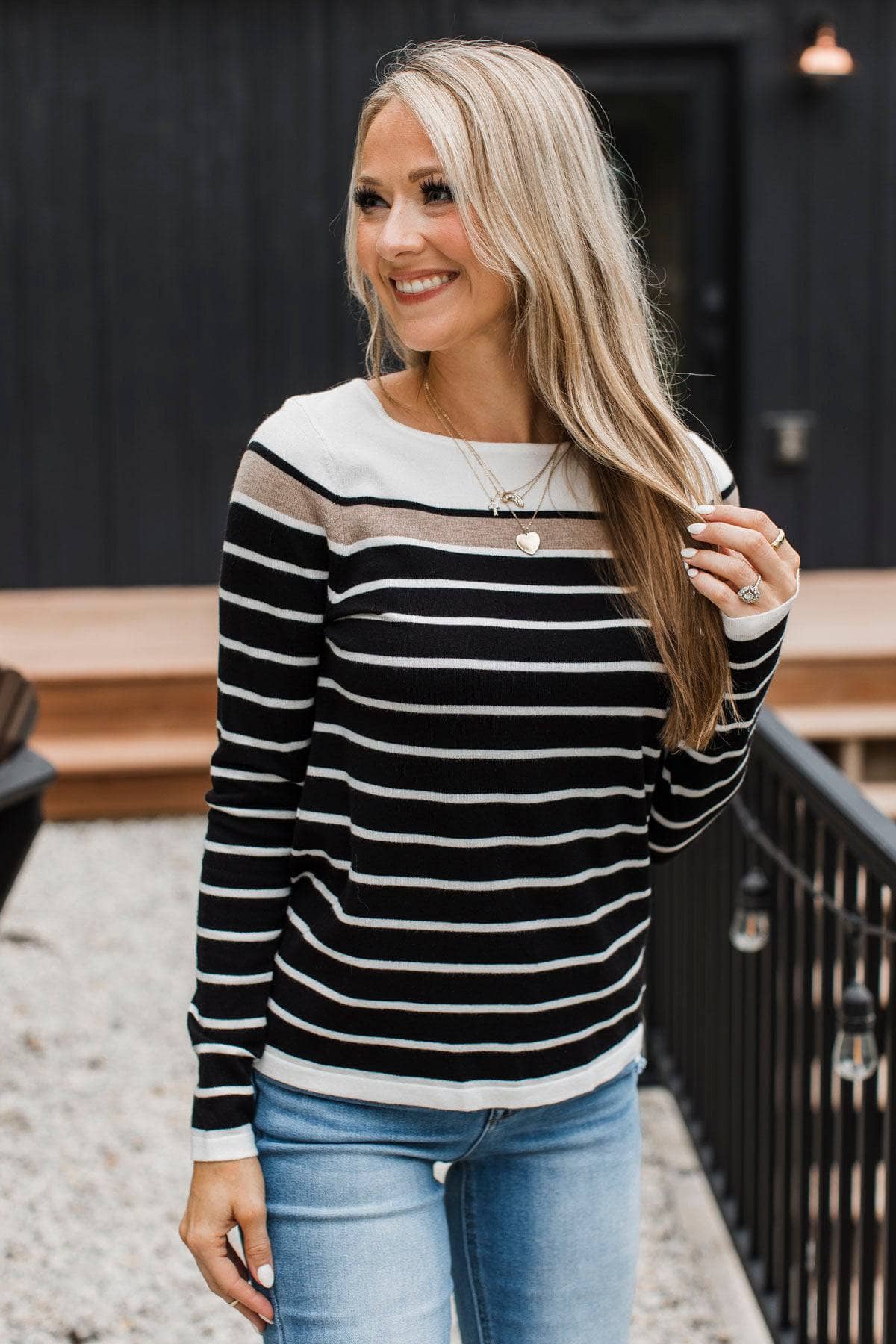 Can't Stay Away Striped Sweater- Black & Taupe