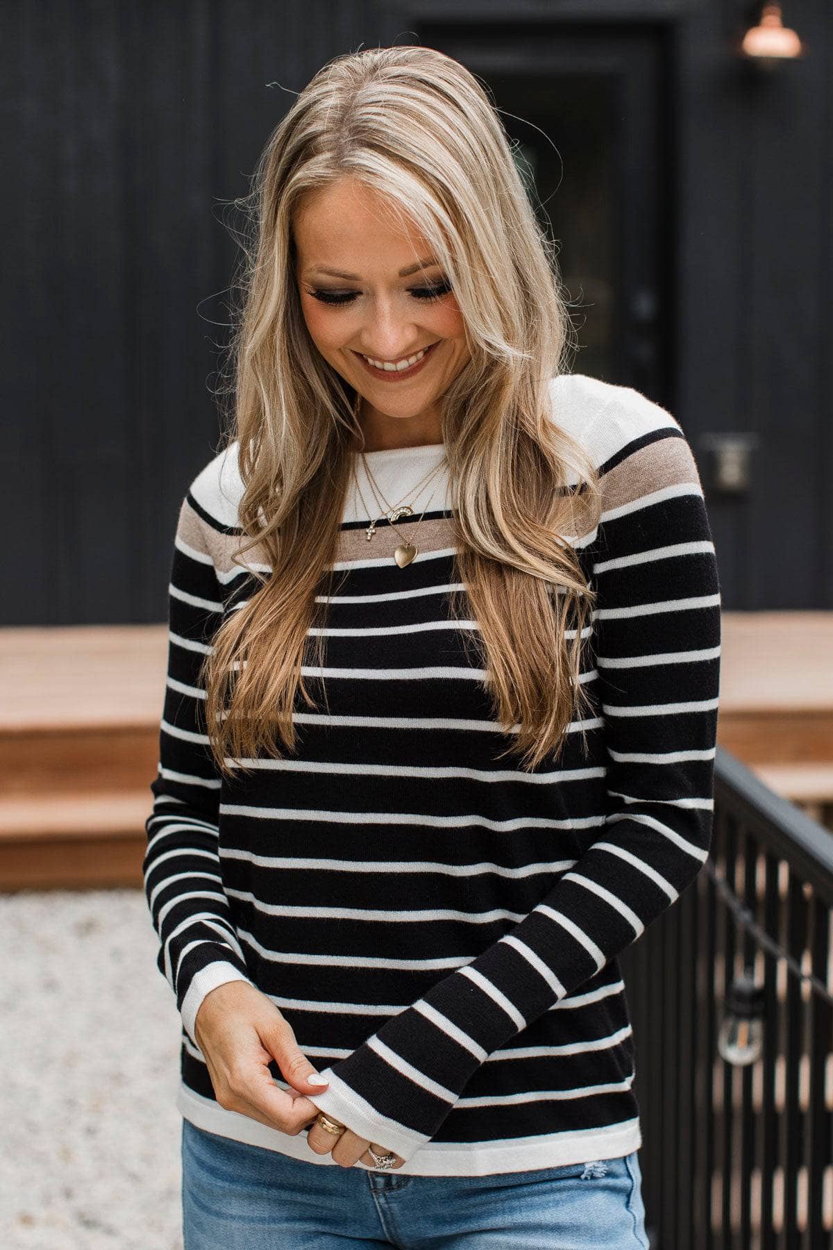 Can't Stay Away Striped Sweater- Black & Taupe - Image 2