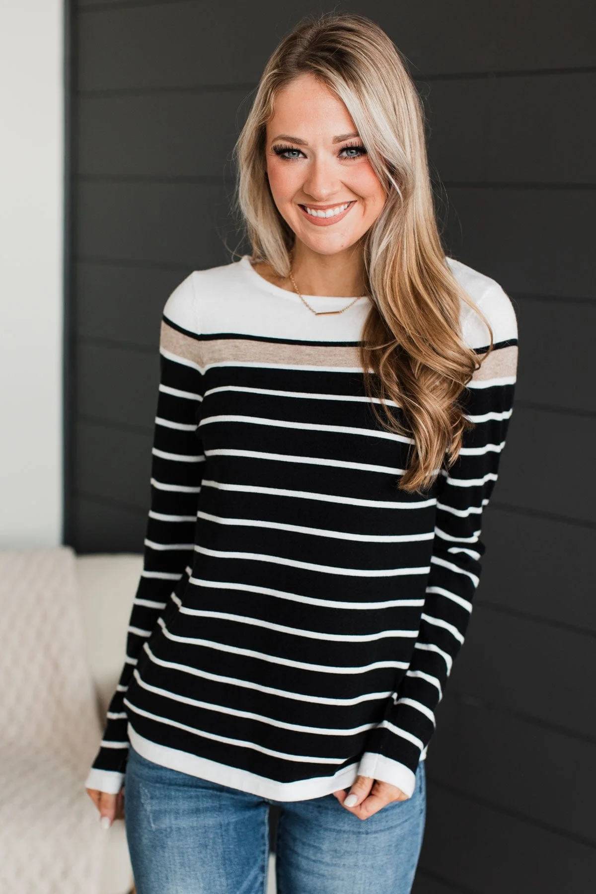 Can't Stay Away Striped Sweater- Black & Taupe - Image 5