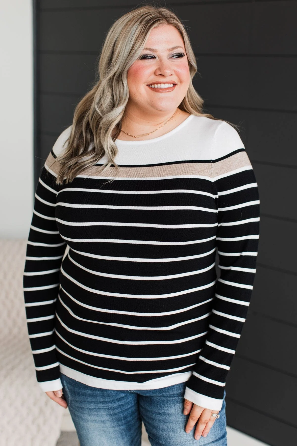 Can't Stay Away Striped Sweater- Black & Taupe - Image 6