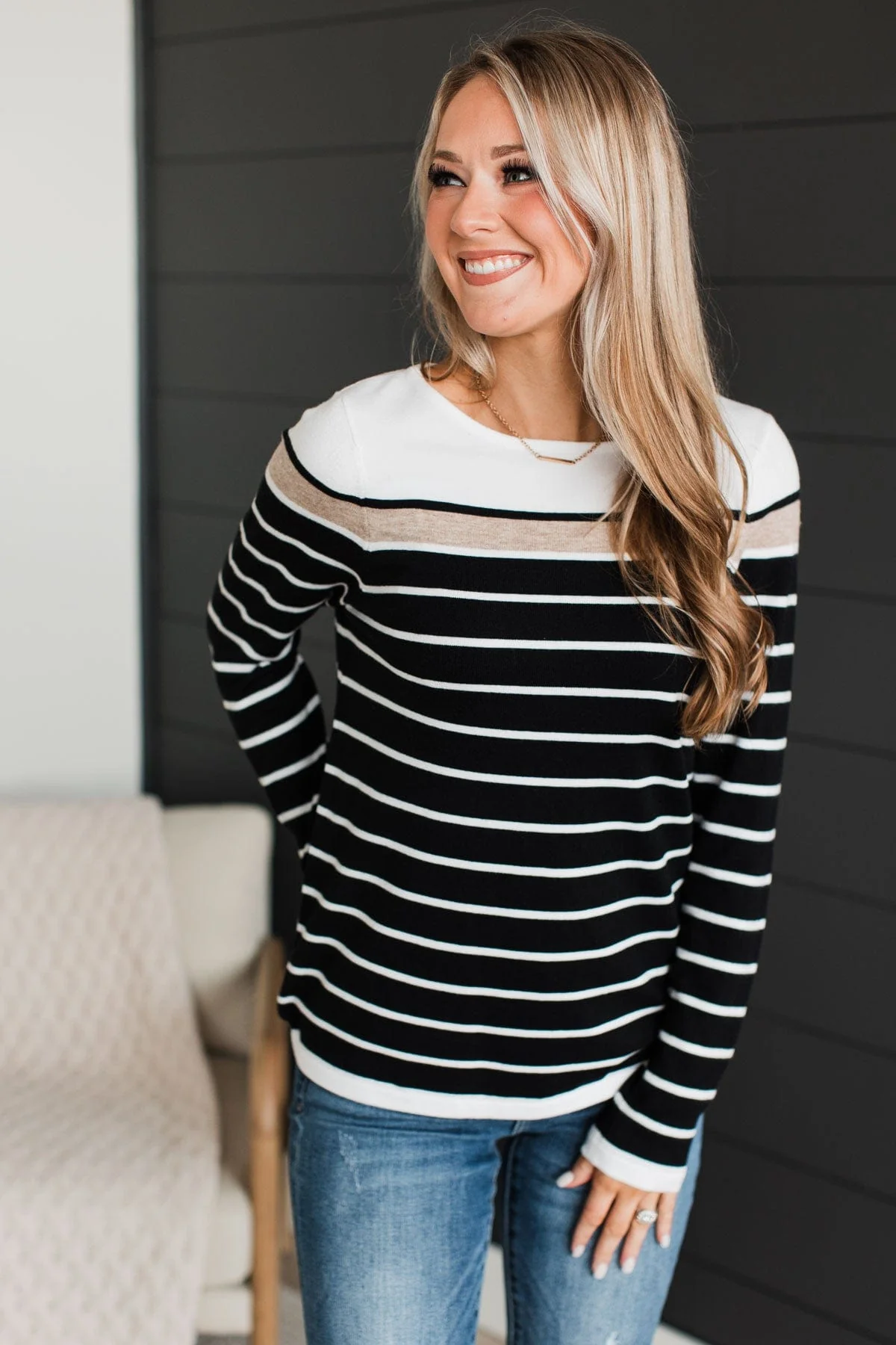 Can't Stay Away Striped Sweater- Black & Taupe - Image 7